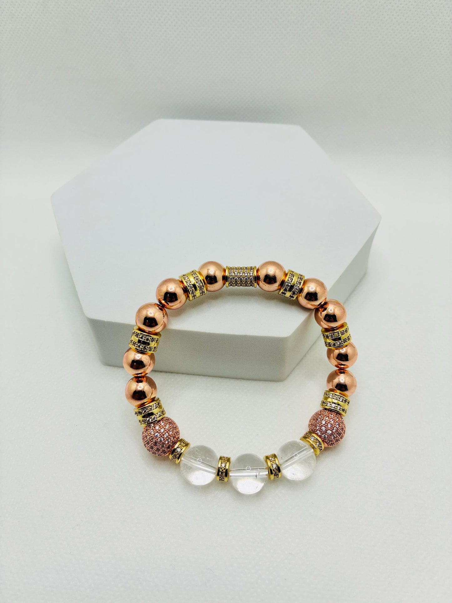 Rose Gold Plated Hematite Bracelet: Clear Quartz & Cubic Zirconia Beads