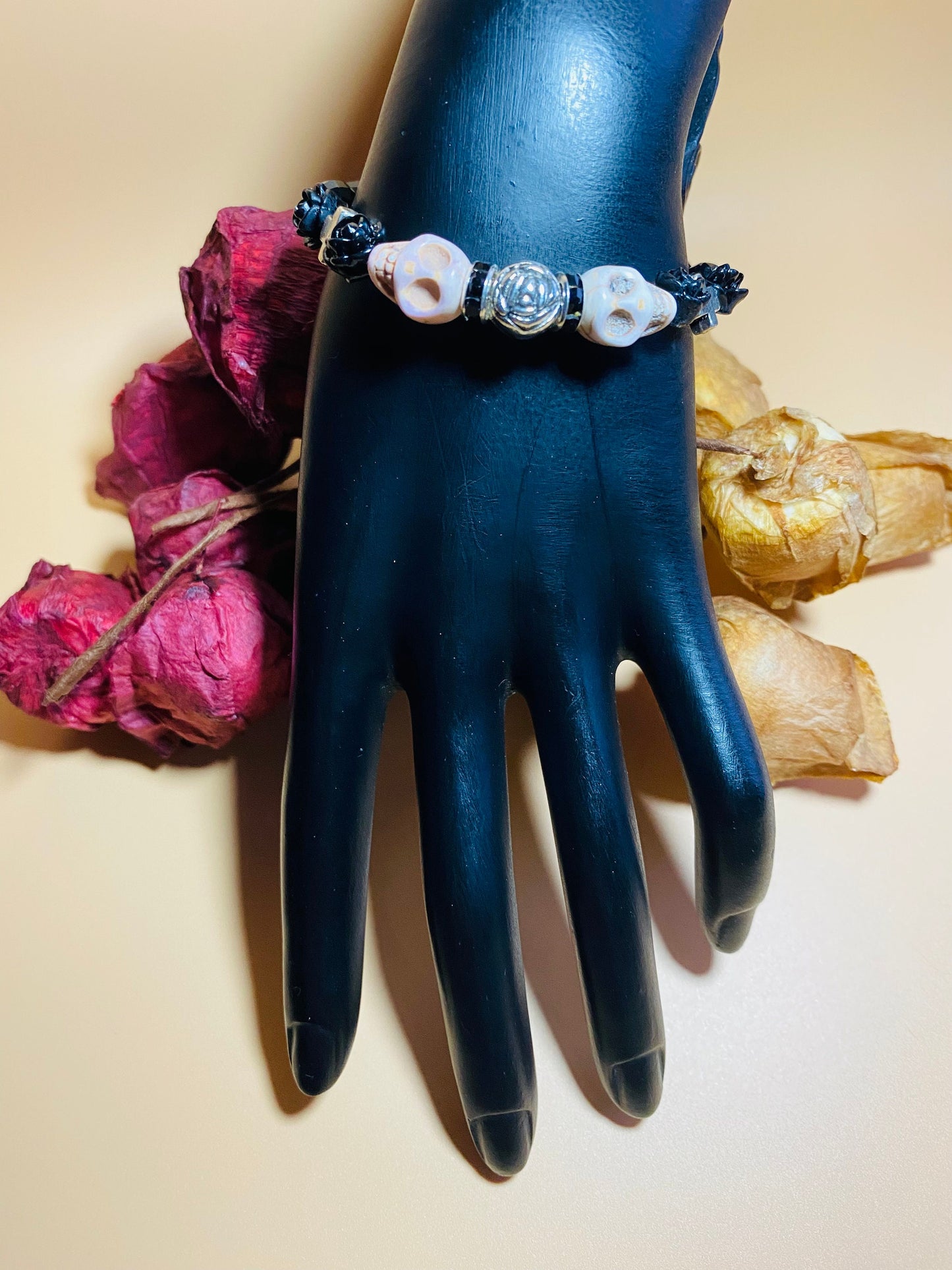 Day of the Dead Black Onyx Bracelet with Skull Beads - Silver Cross Bracelet - Gift for Her - Gift for Him