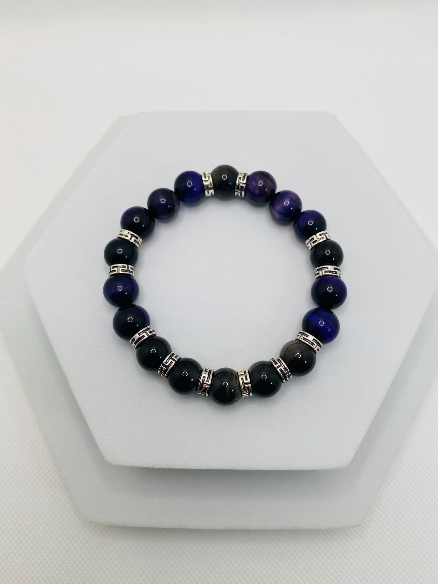 Tigers Eye Bracelet for Men: Black Obsidian & Tibetan Spacers