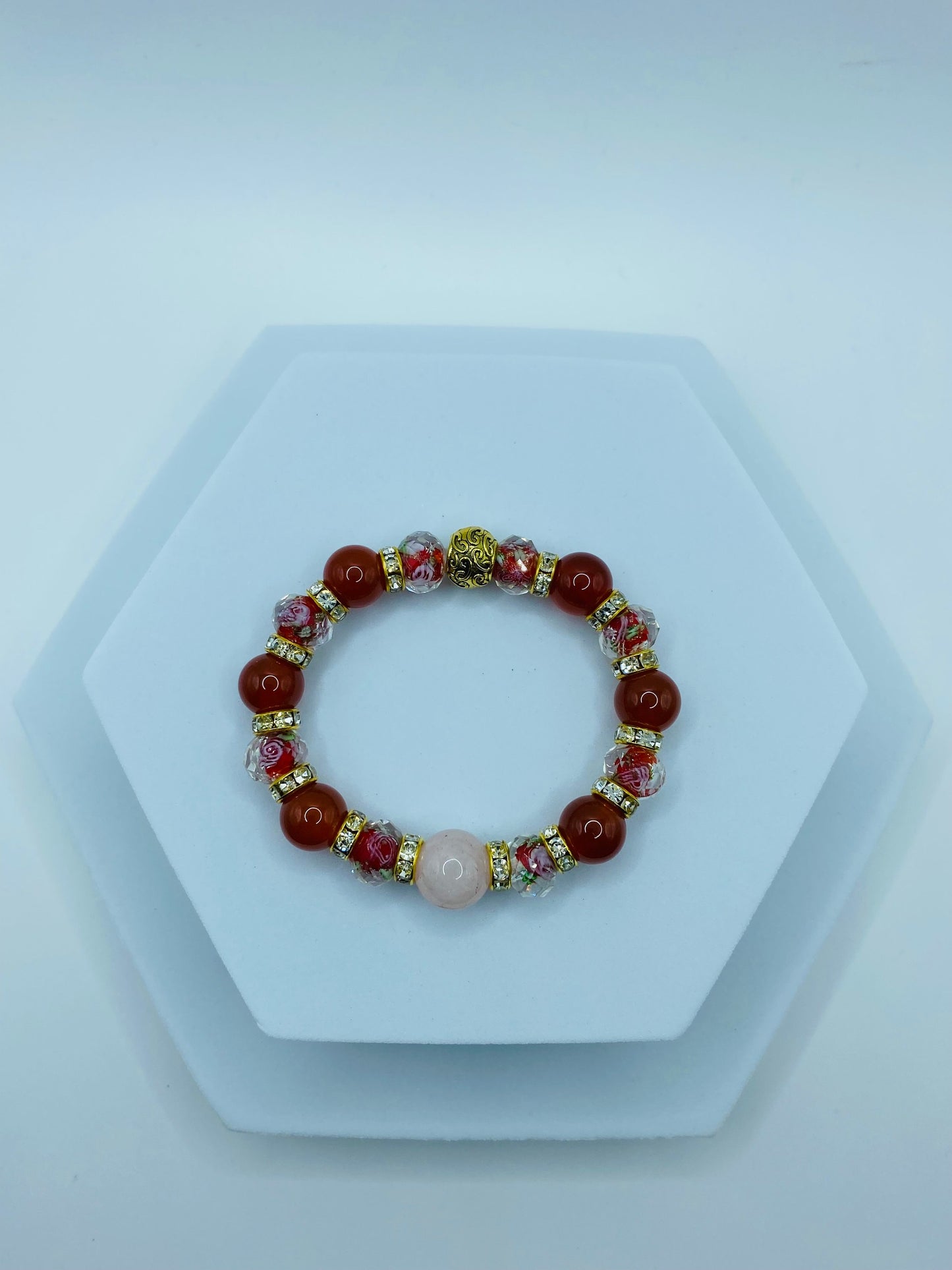 Rose Quartz Bracelet: Red Carnelian, Lampwork Floral Glass Beads