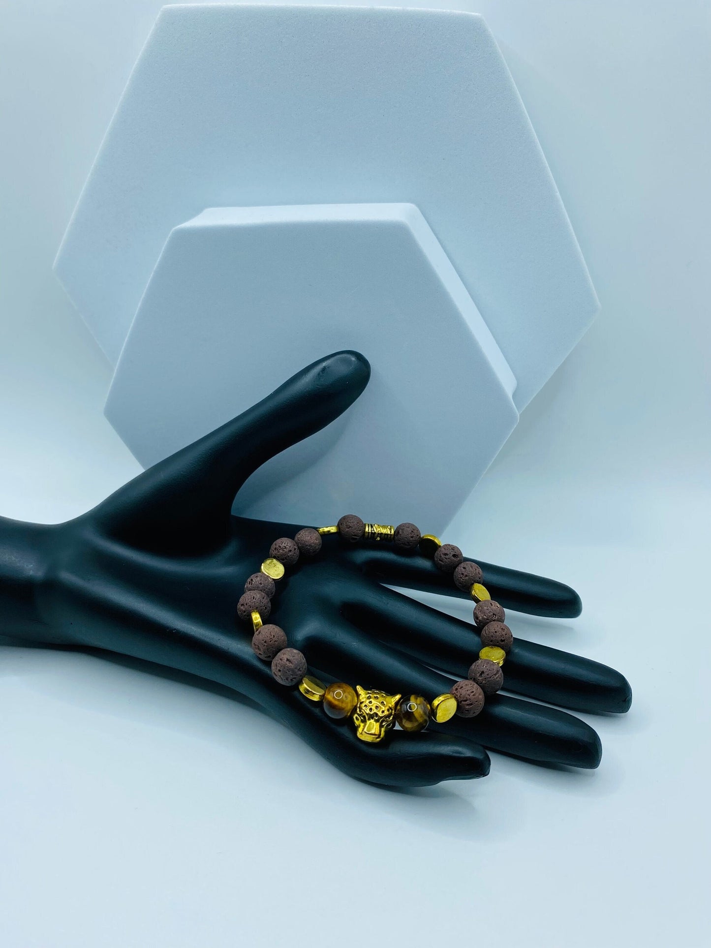 Lava Rock Bracelet: Leopard Charm, Tiger's Eye Beads, Handmade