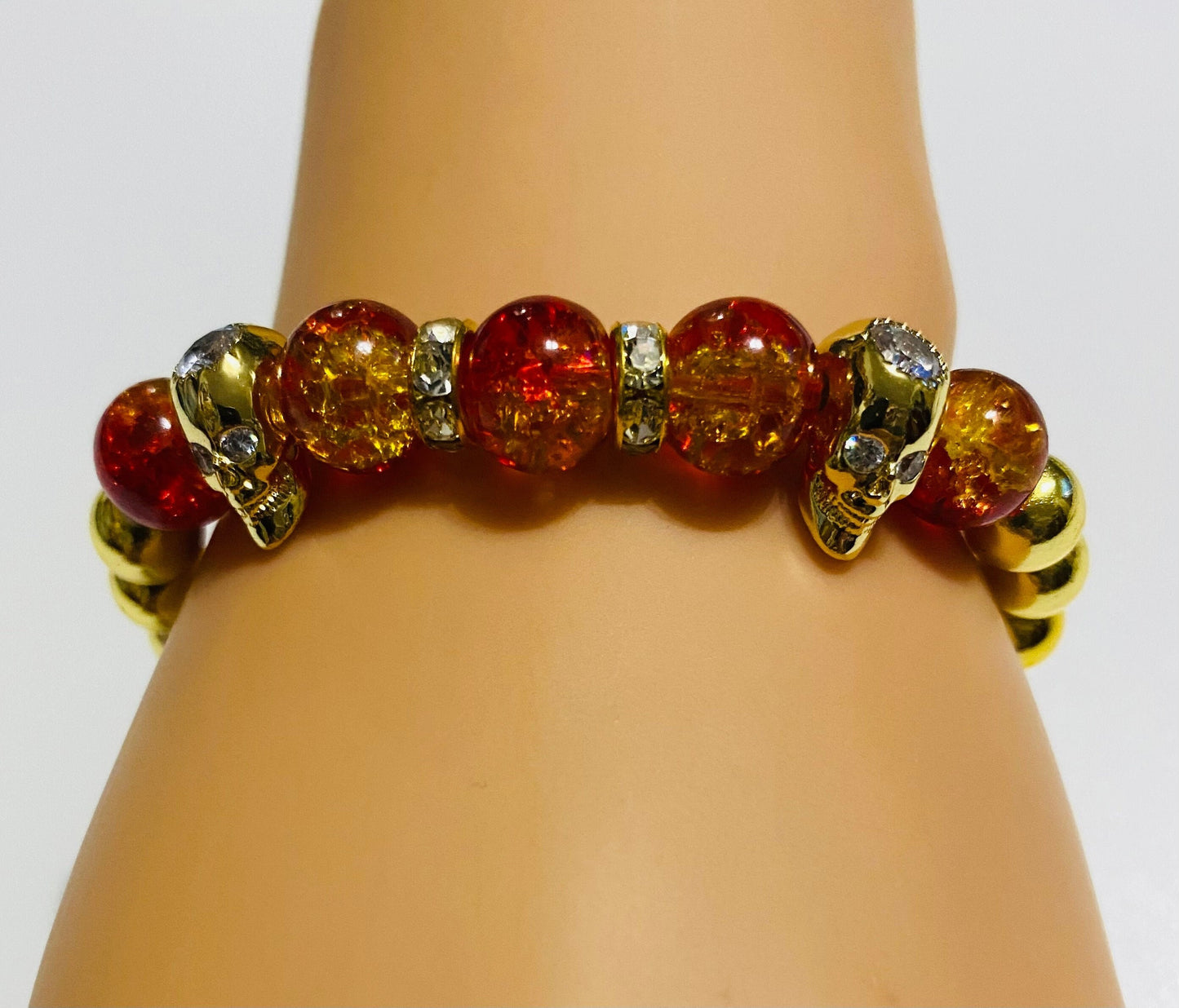 Men's Gold Hematite Bracelet: Red Crystal, CZ Skull Beads