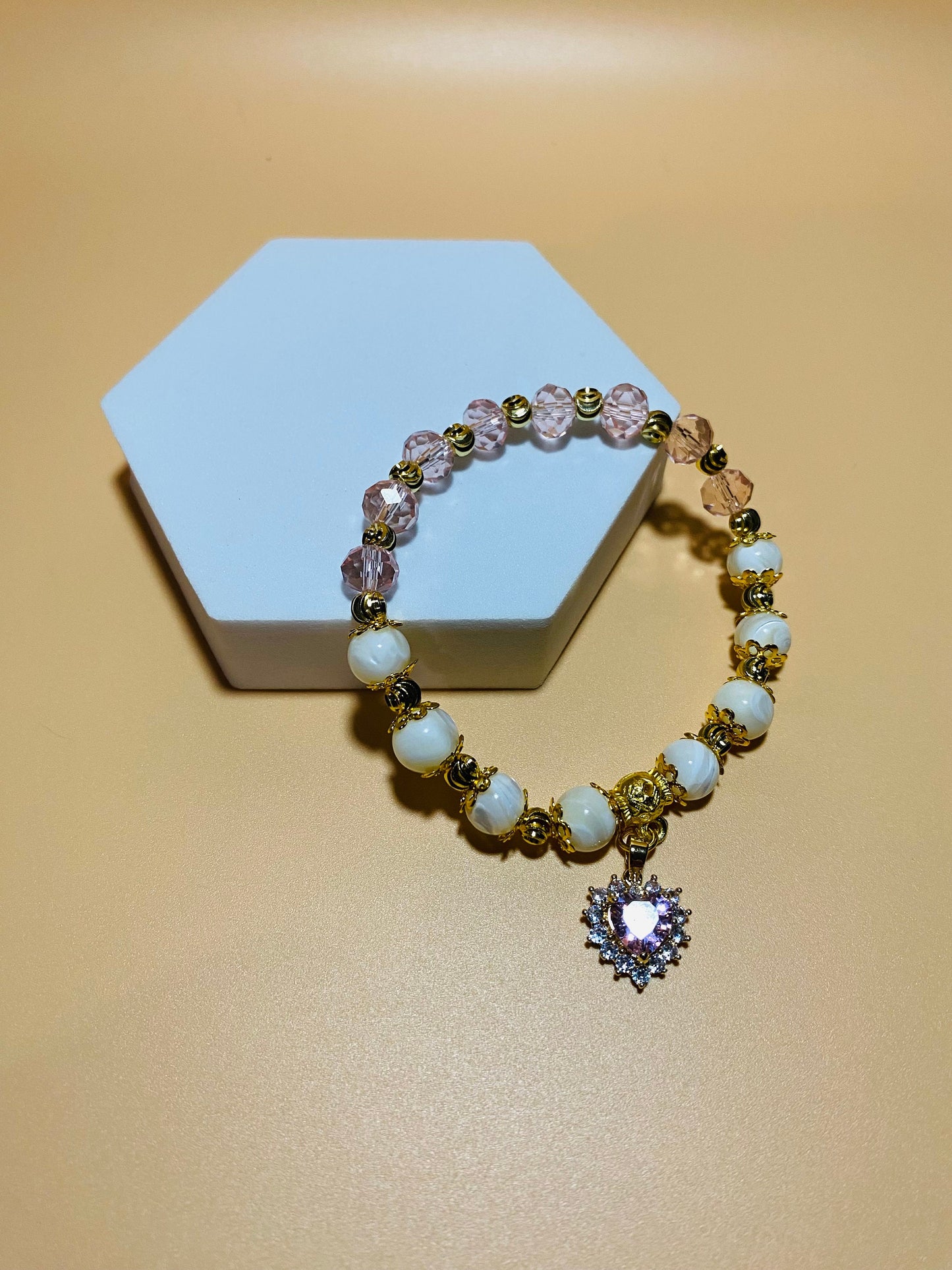 Mother of Pearl Bracelet: Pink Crystal Beads, Heart Charm, 18k Gold Accents