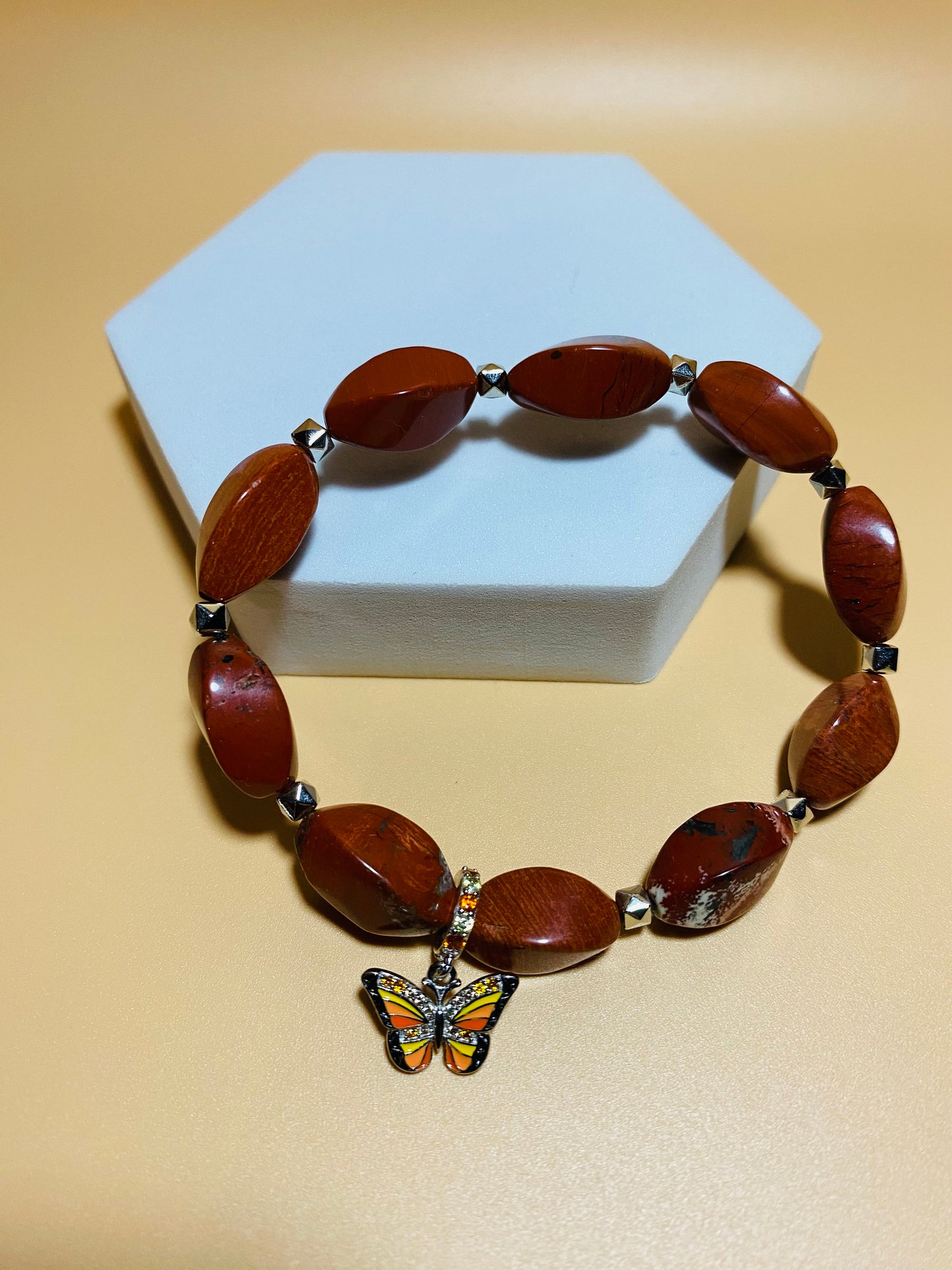 Handmade Red Jasper Bracelet: Butterfly Charm, Gemstone Jewelry