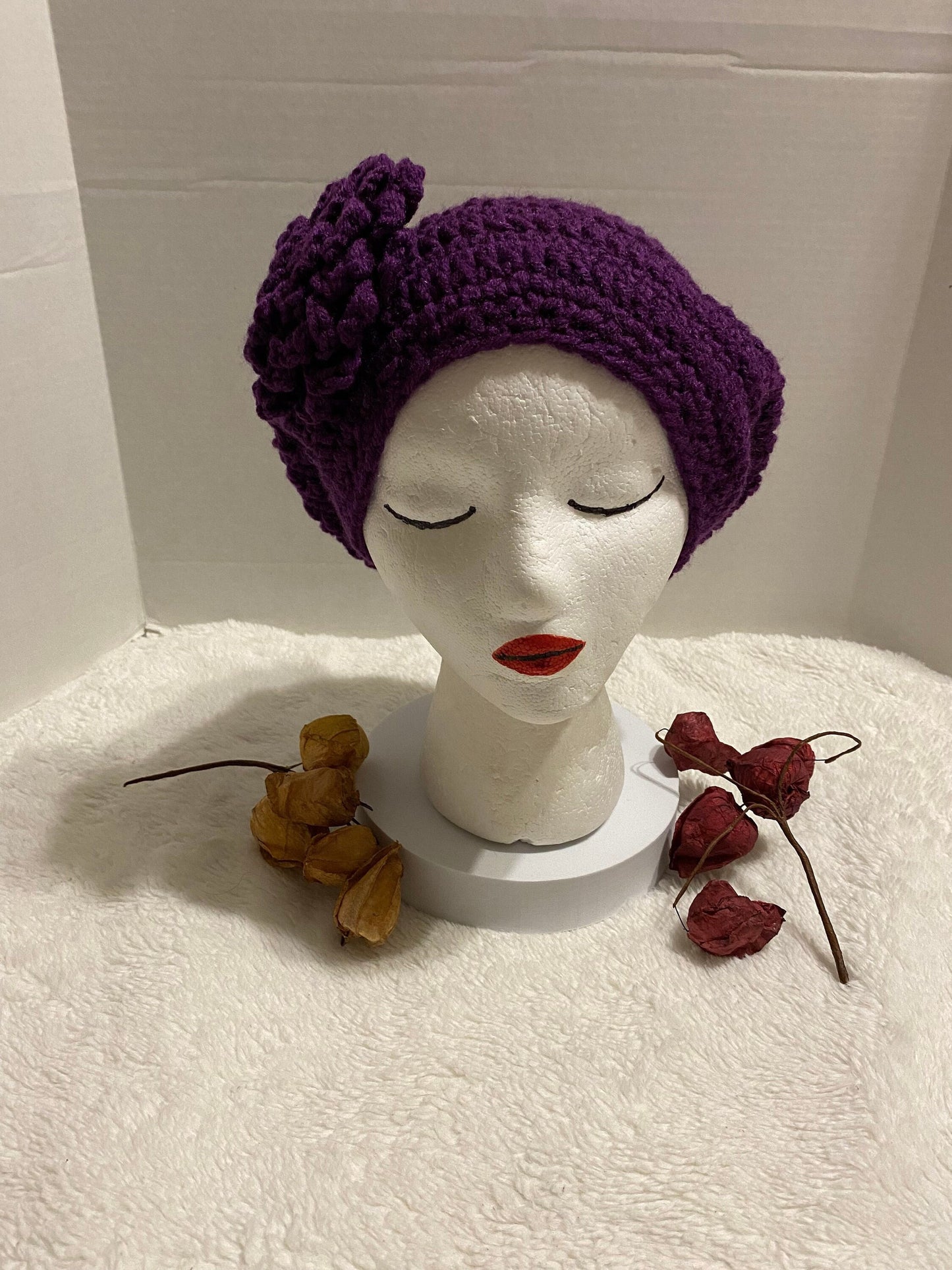 Handmade Crochet Hat with Flower: Purple Acrylic Beanie