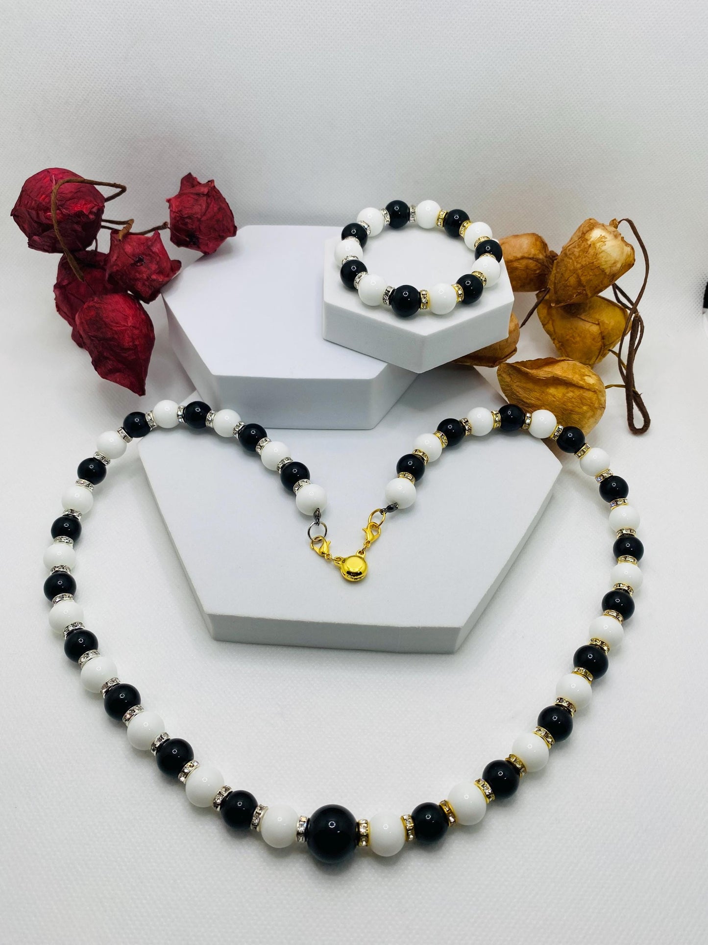 Handmade Onyx Necklace and Bracelet Set: Black and White Gemstone Jewelry