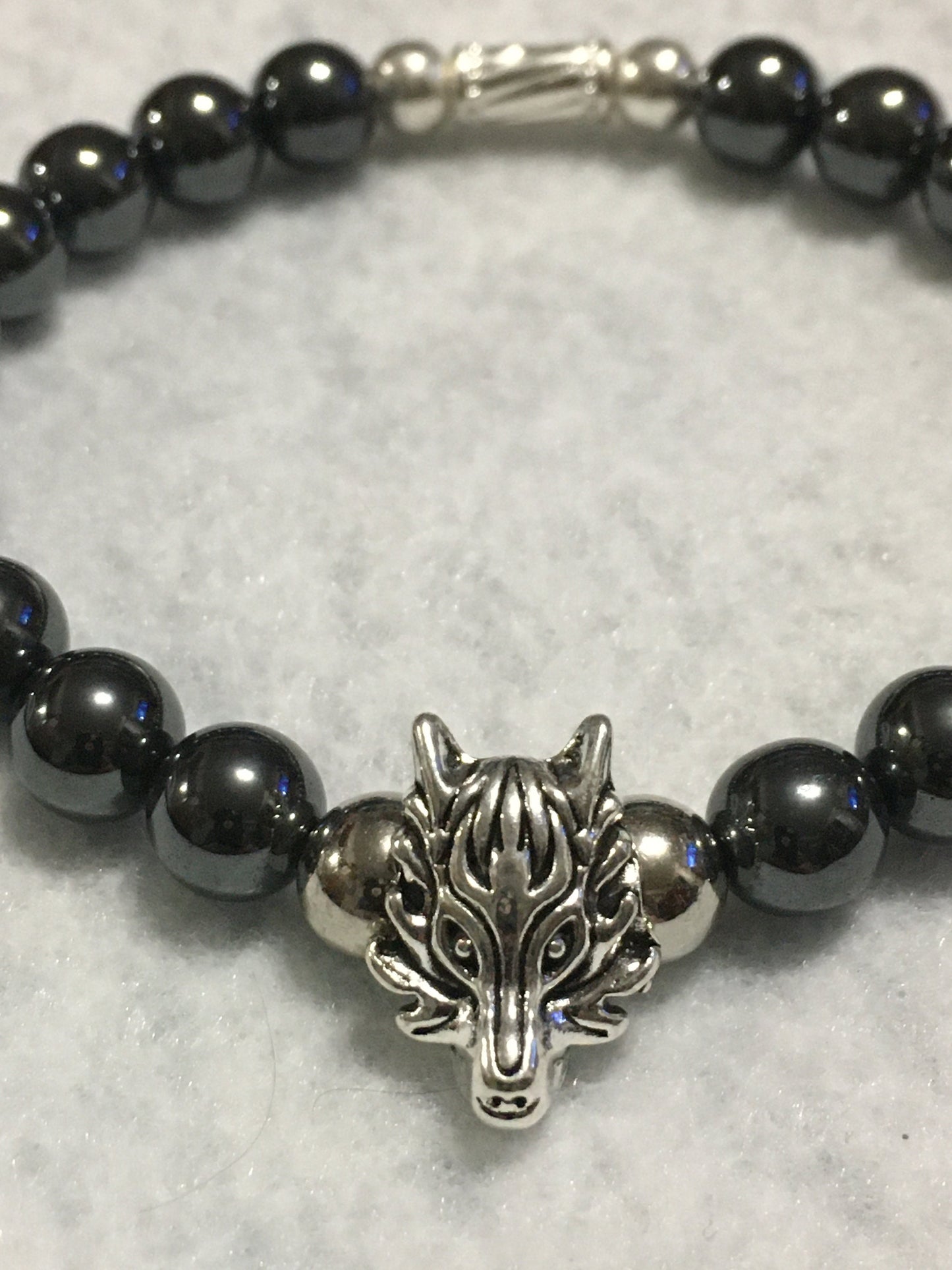 Silver Wolf Charm Bracelet with Hematite Gemstone Beads