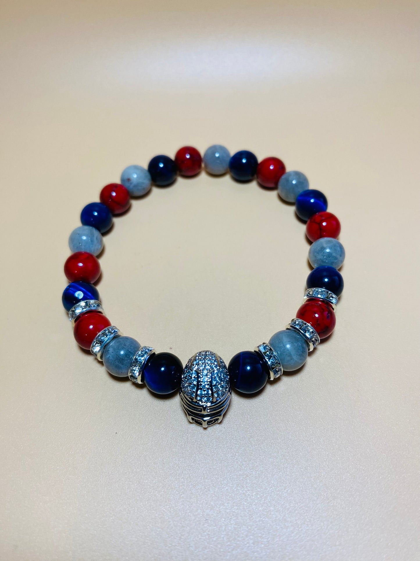 New England Patriots Bracelet: Gemstone Beads & CZ Helmet Charm