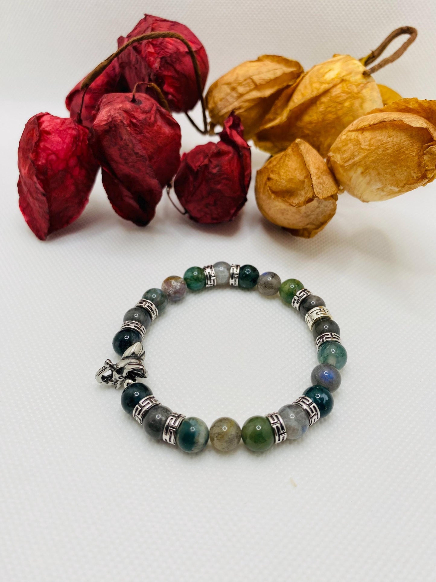Moss Agate Beaded Bracelet: Elephant Charm, Tibetan Silver Spacers