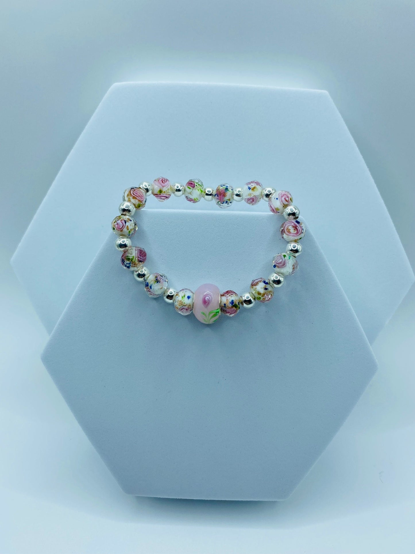 Floral Lampwork Glass Bead Bracelet: Silver Hematite Gemstone Accent