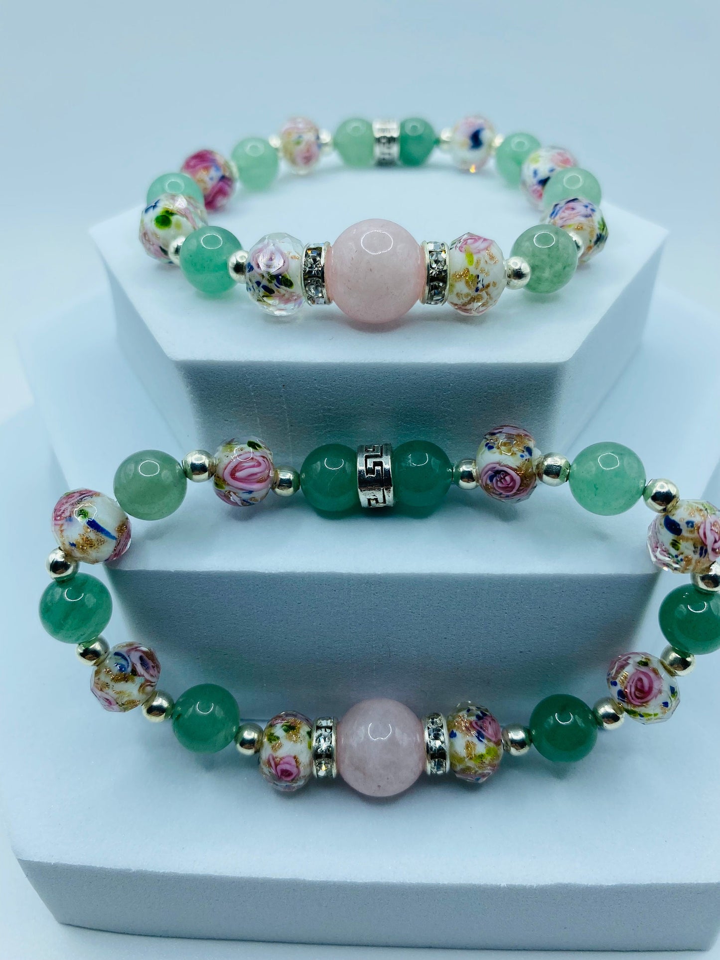 Rose Quartz Bracelet with Green Aventurine & Lampwork Glass Beads - Hematite Gemstone Bracelet