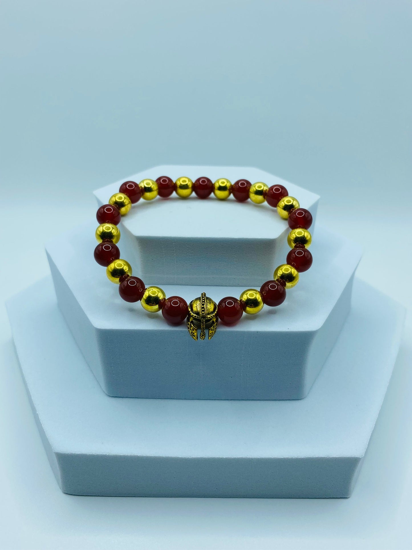 USC Trojans Bracelet: Red Carnelian & Gold Spartan Helmet Beaded Bracelet