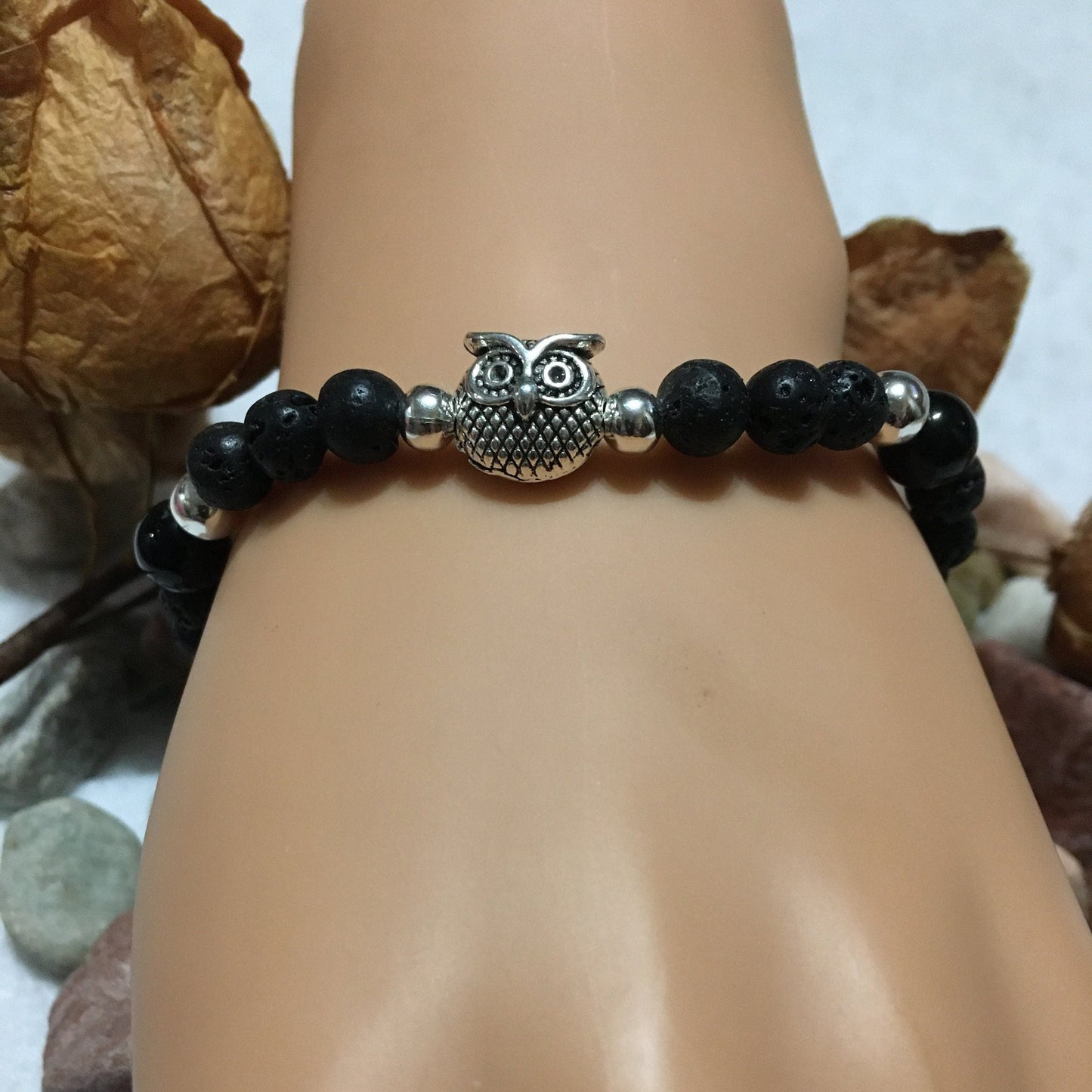 Night Owl Bracelet: Black Onyx & Lava Rock Gemstone Beads, Silver Owl Charm