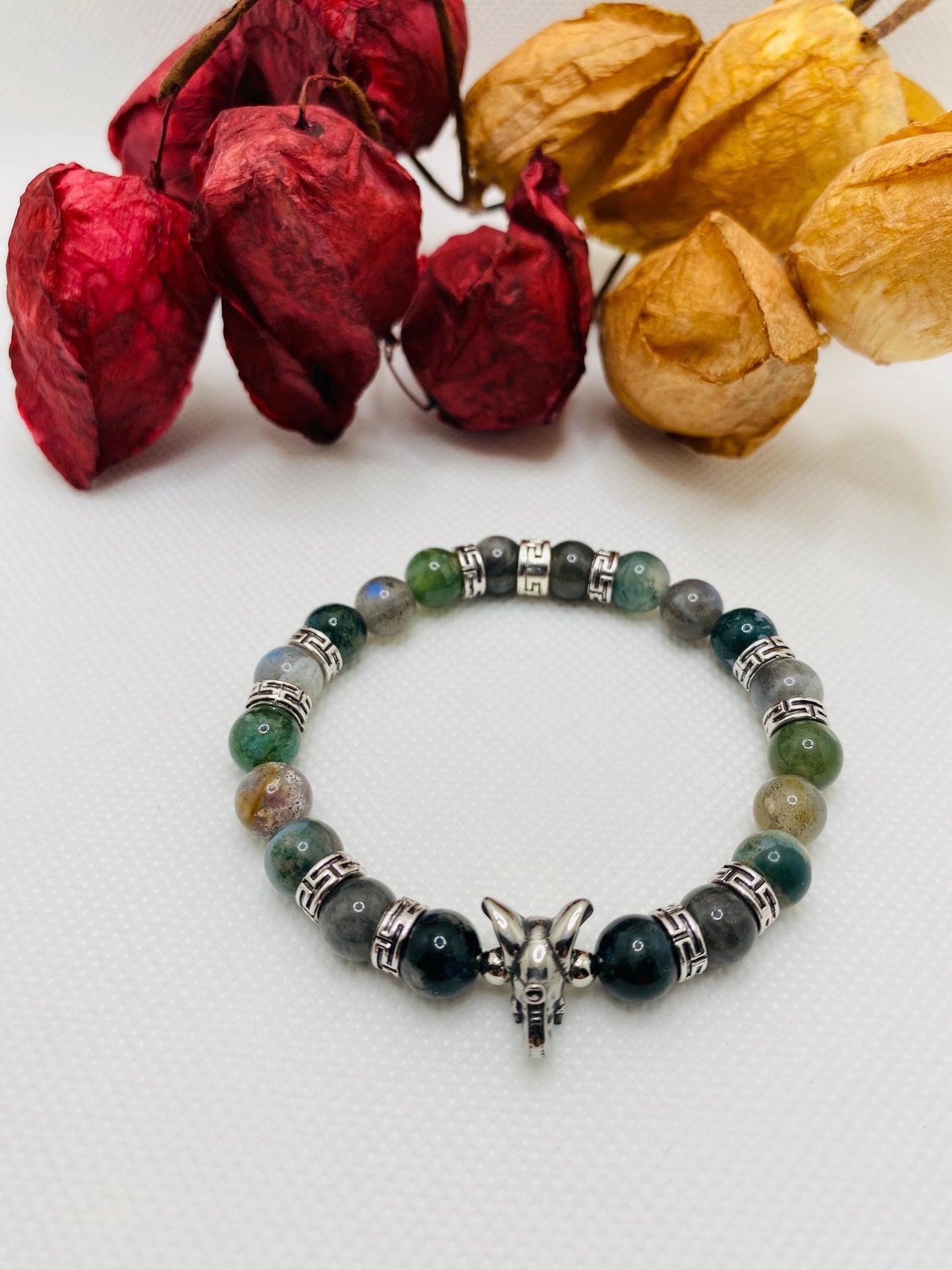 Moss Agate Beaded Bracelet: Elephant Charm, Tibetan Silver Spacers
