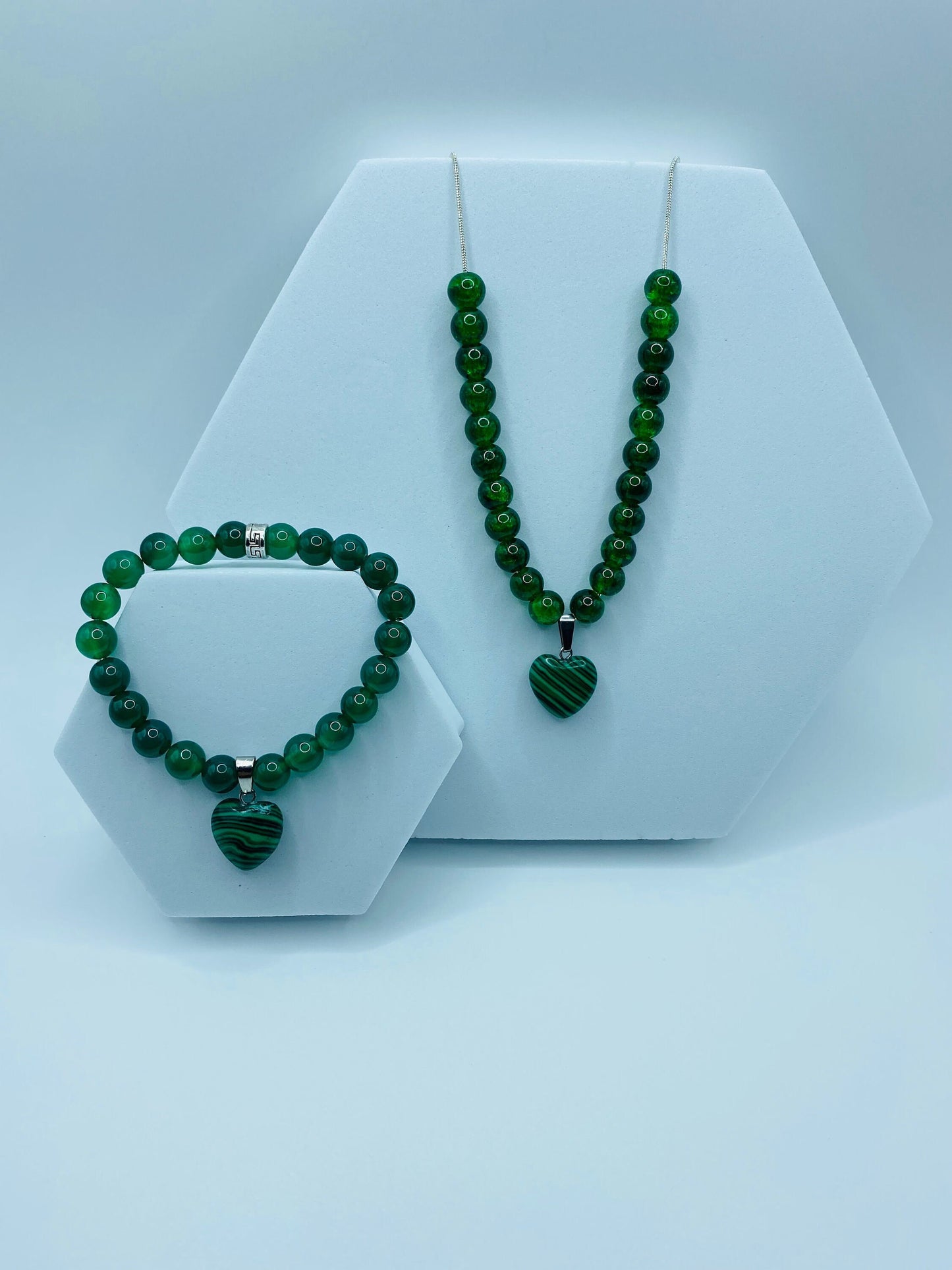Handmade Lampwork Glass Bead Jewelry Set: Malachite Heart Necklace & Bracelet
