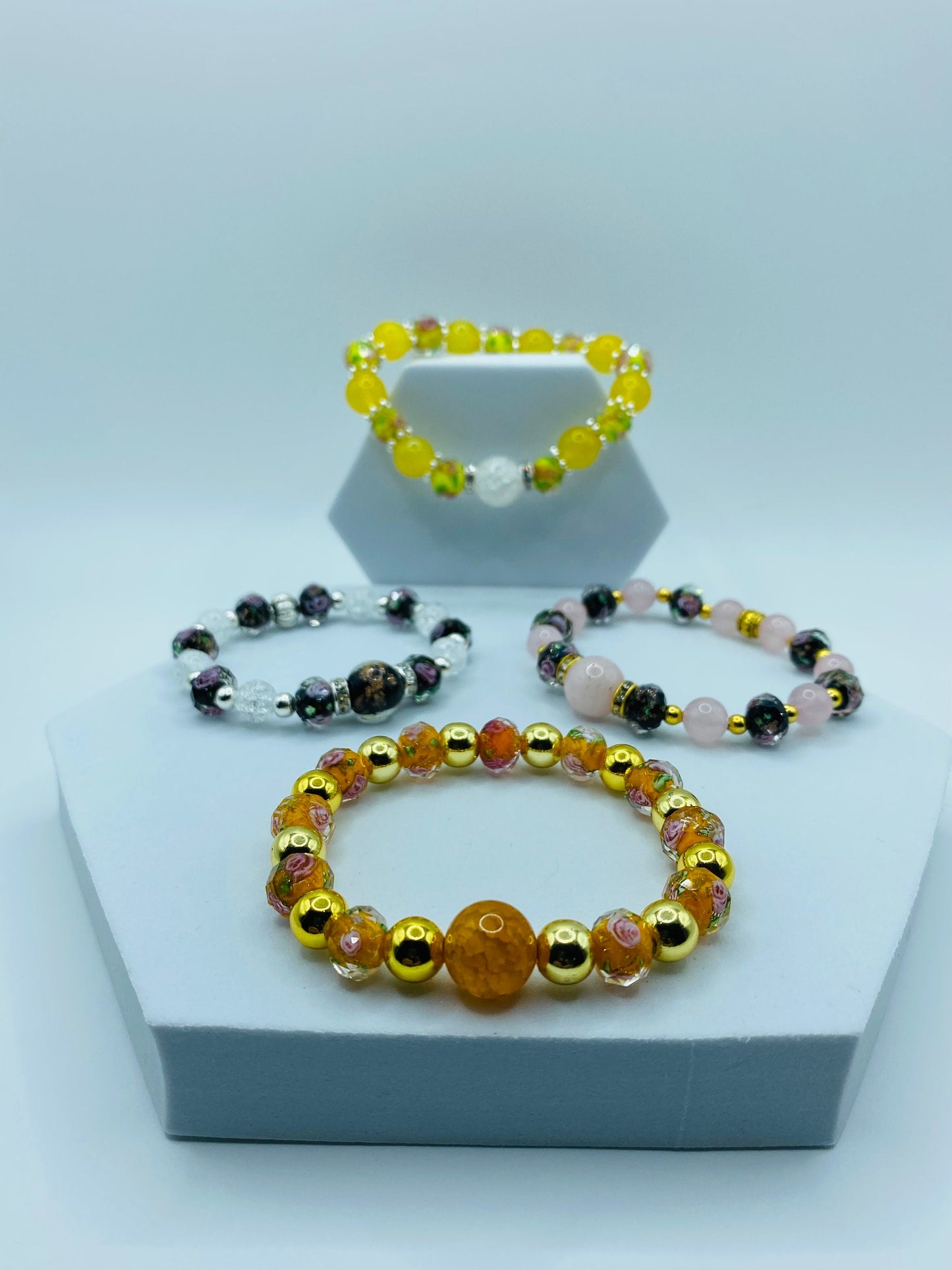 Handmade Fire Agate Bracelet: 18K Gold Hematite & Lampwork Floral Beads