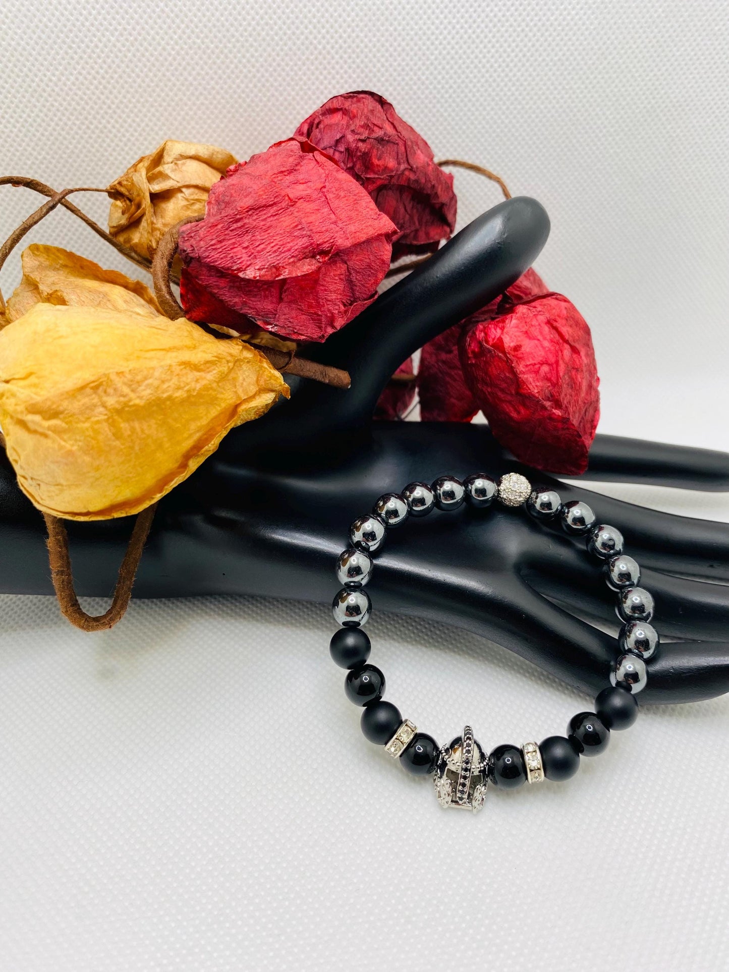 Mens Jewelry Silver Spartan Helmet Bracelet with black Onyx & Hematite Gemstone Beads - Medieval Jewelry