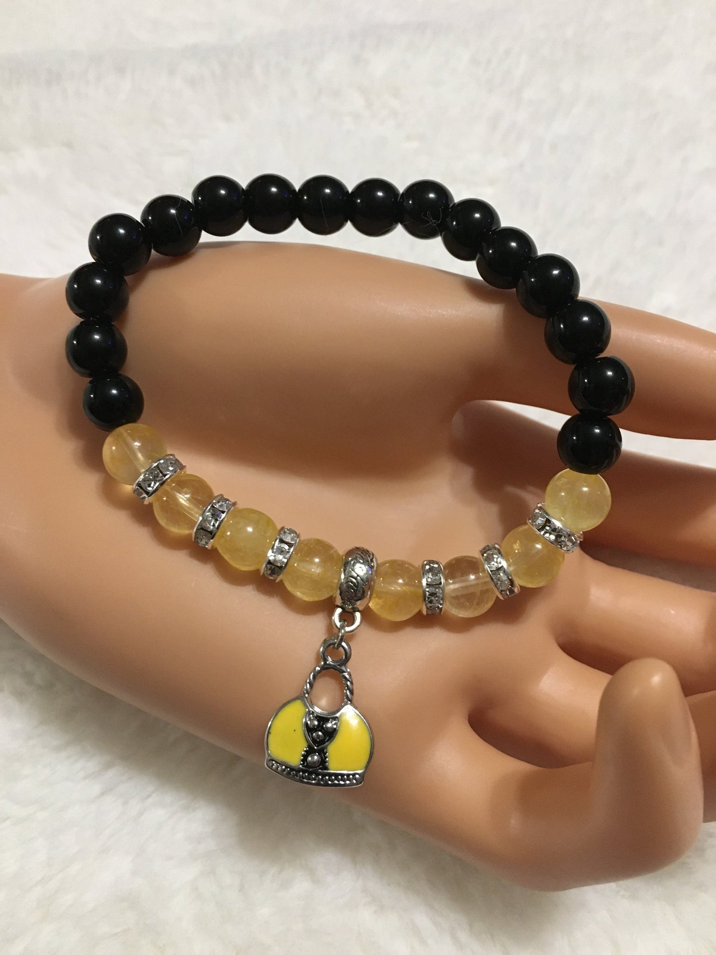 Citrine & Black Onyx Bracelet: Silver Purse Charm, Rhinestone Accents