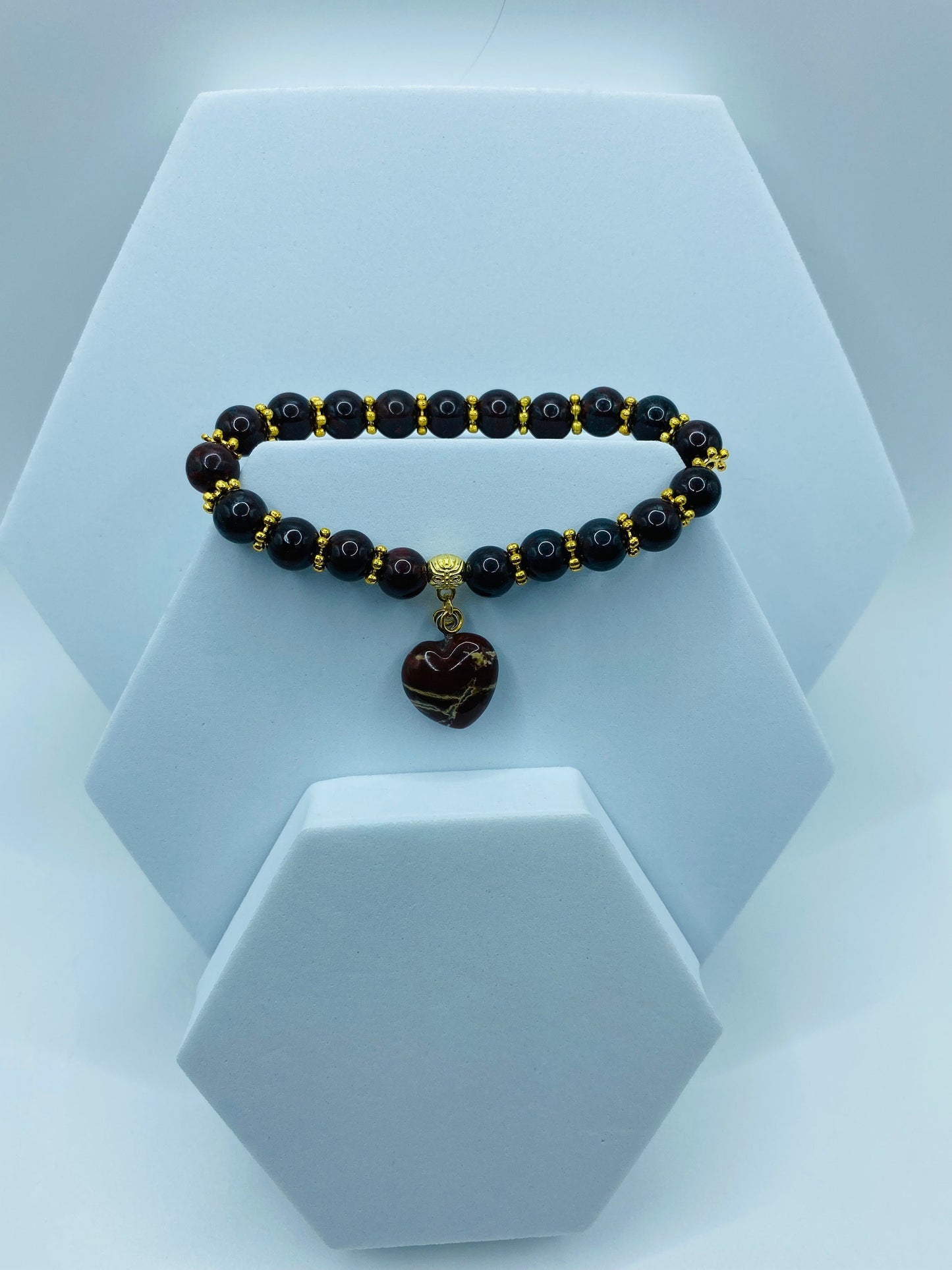 Poppy Jasper Heart Pendant Bracelet: Gold Accents, Gemstone Beads