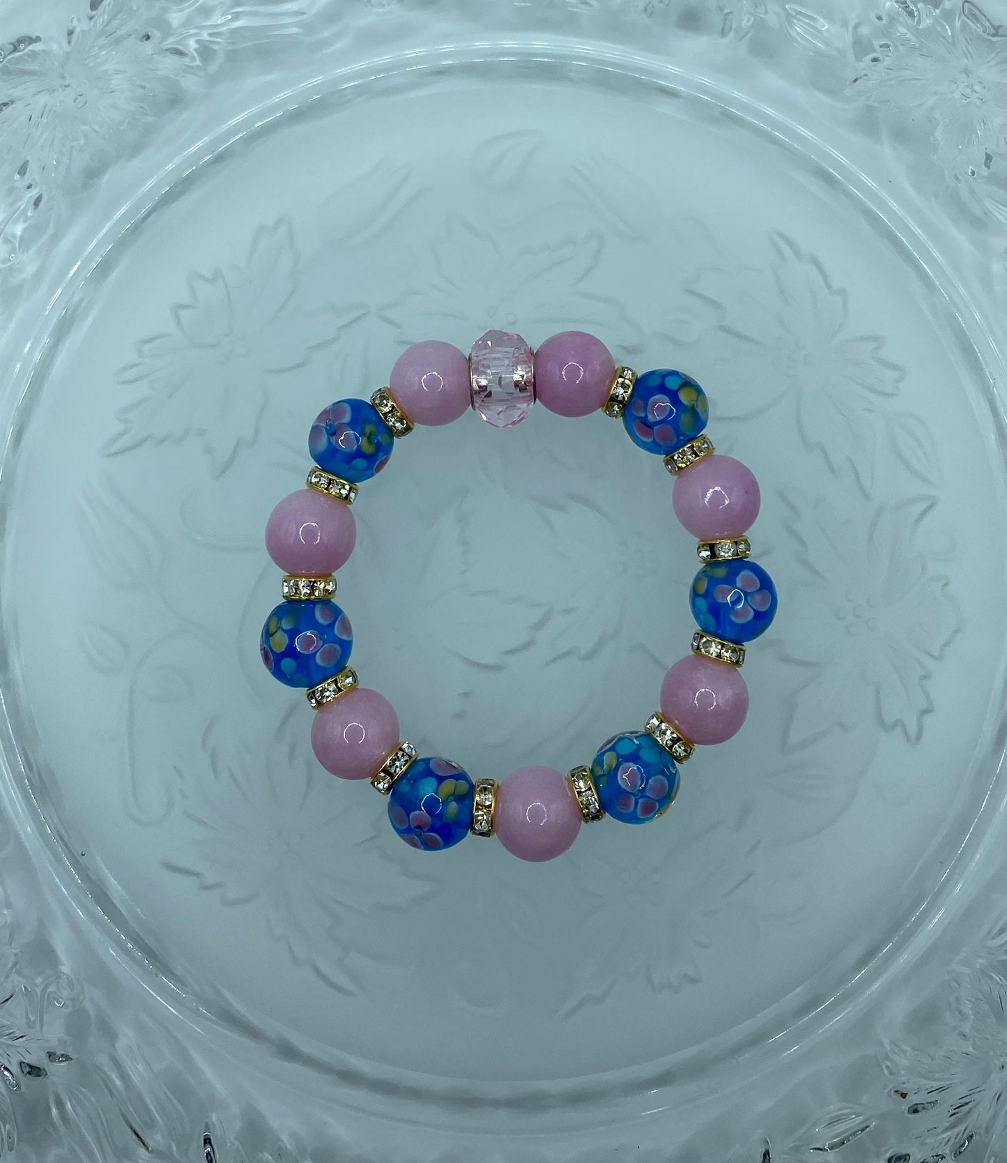 Lavender Jade Bracelet: Blue Floral Lampwork Glass & Crystal
