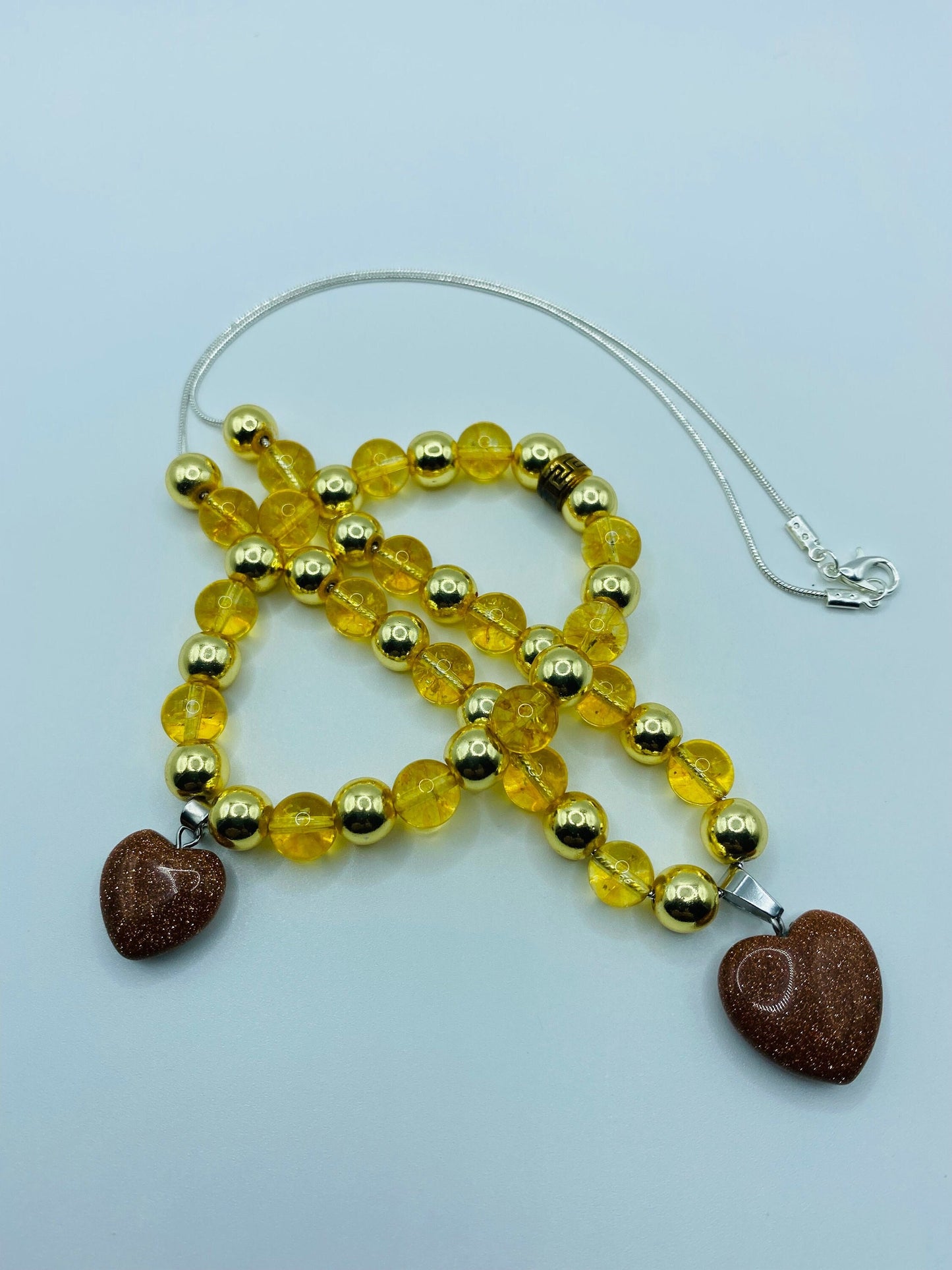 Womens Jewelry Citrine Necklace & Bracelet - Gold Hematite and Goldstone Heart Charms - Gifts for Women