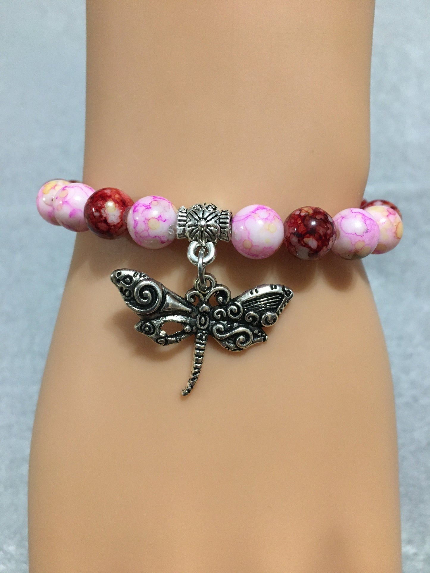 Dragonfly Charm Bracelet: Pink Acrylic Bead Stretch Bracelet