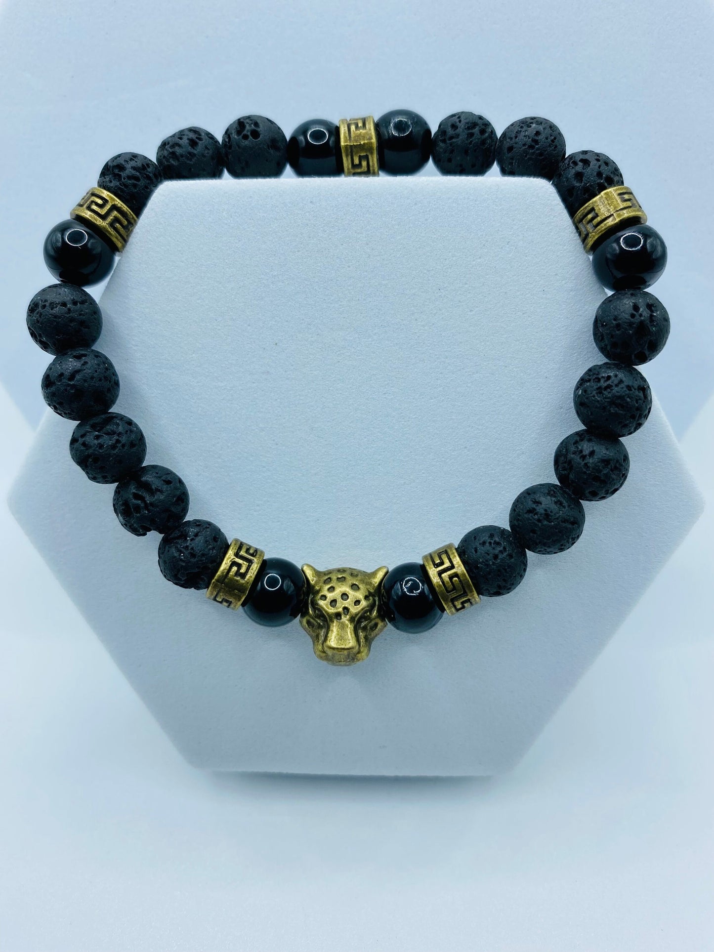 Black Onyx Lava Rock Bracelet with Bronze Leopard Charm