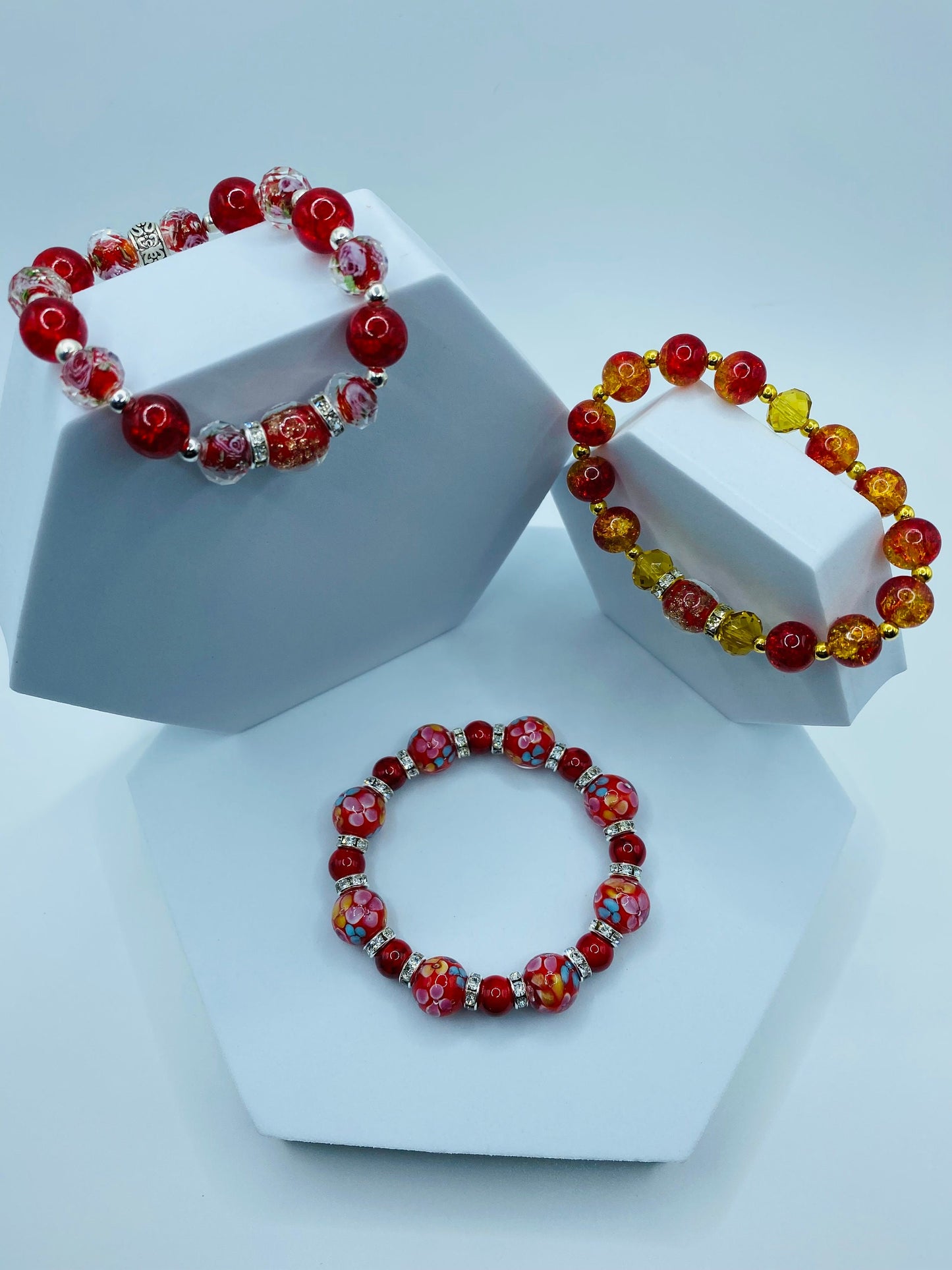 Red Lampwork Flower Bracelet: Turquoise & Rhinestone Beaded Jewelry