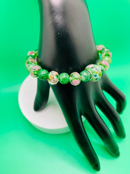 Lampwork Glass & Chalcedony Beaded Bracelet: Handmade Floral Jewelry