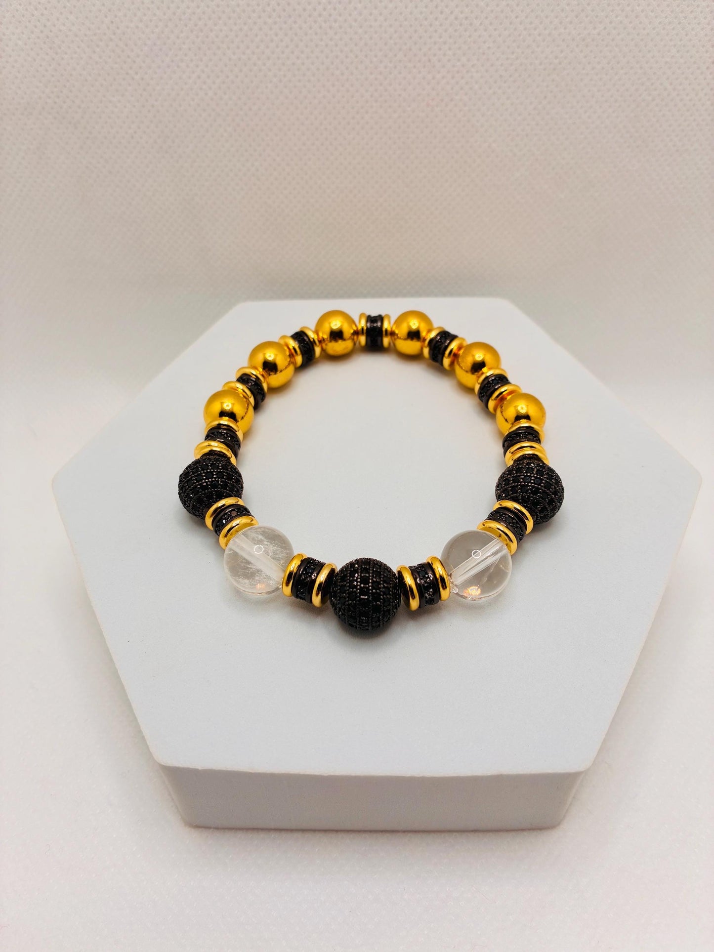 Gold Plated Hematite Bracelet: Clear Quartz & Black Zirconia Beads