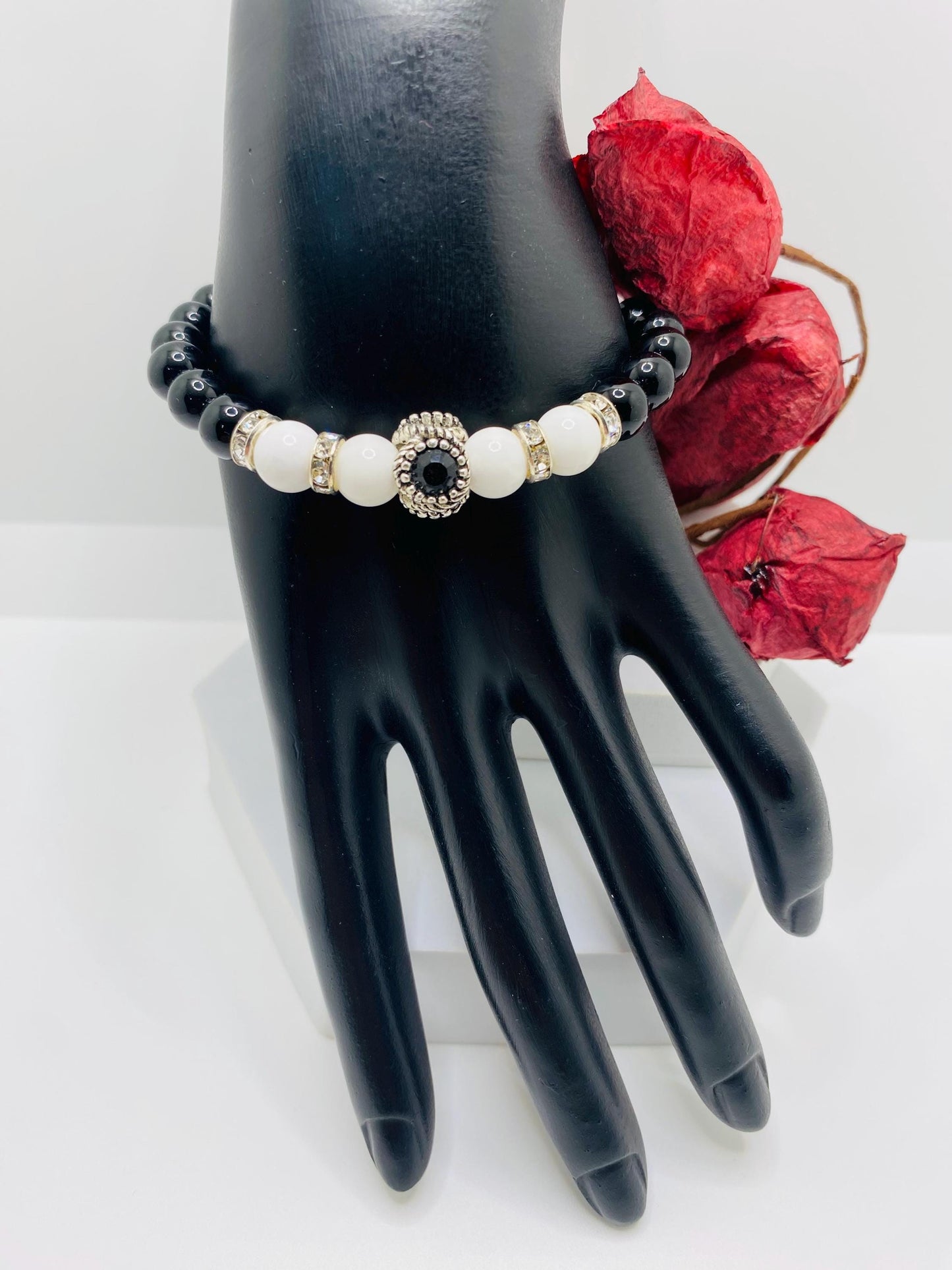 Black Onyx & White Agate Beaded Charm Bracelet - Rhinestone Accent