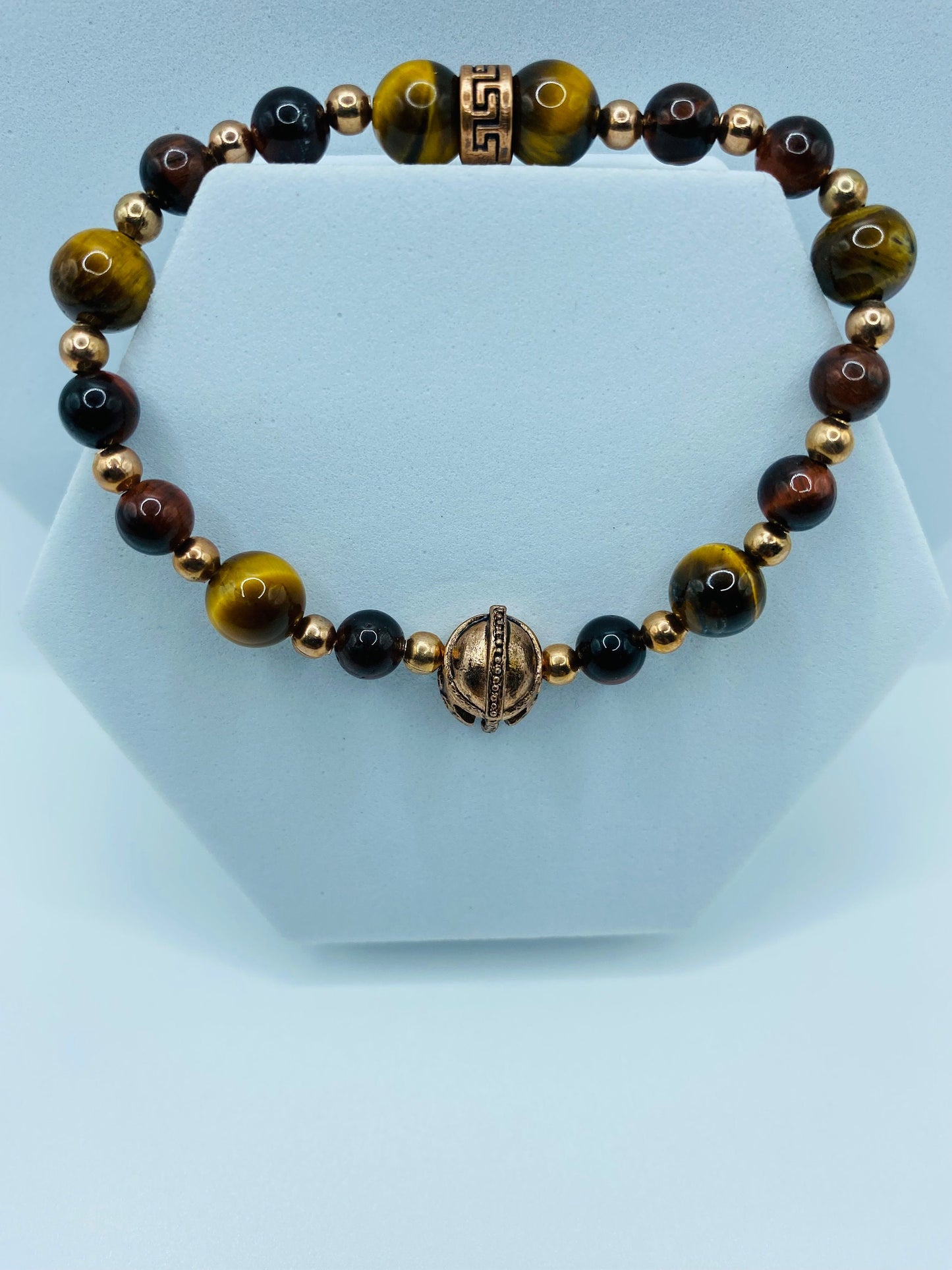 Rose Gold Spartan Helmet Bracelet: Tiger's Eye Gemstone Beaded Bracelet