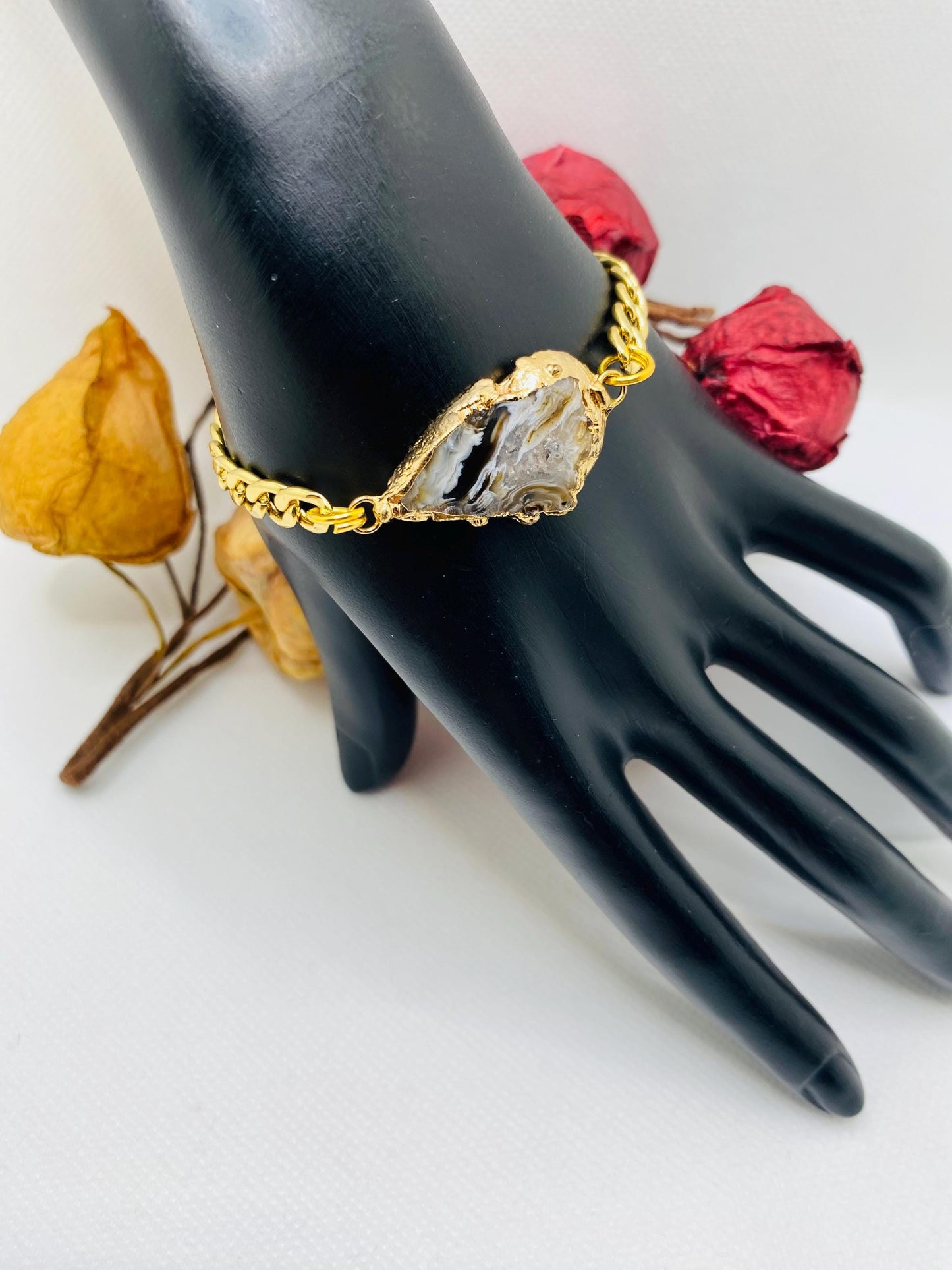 Handmade 18k Gold Plated Cuban Link Bracelet: Geode Agate, Magnetic Clasp