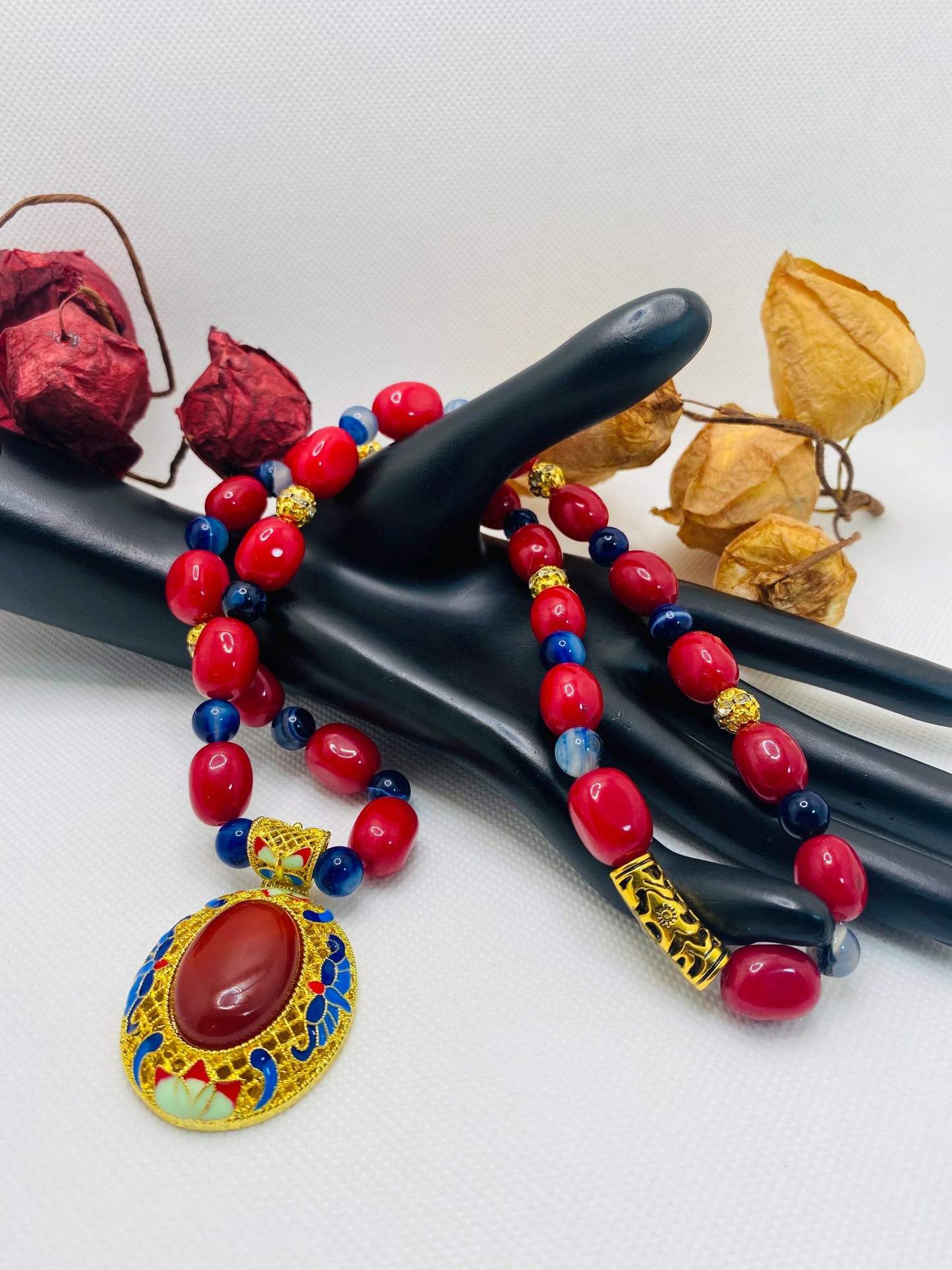 Chalcedony Pendant Necklace: Red Jade & Agate Gemstone Boho Jewelry