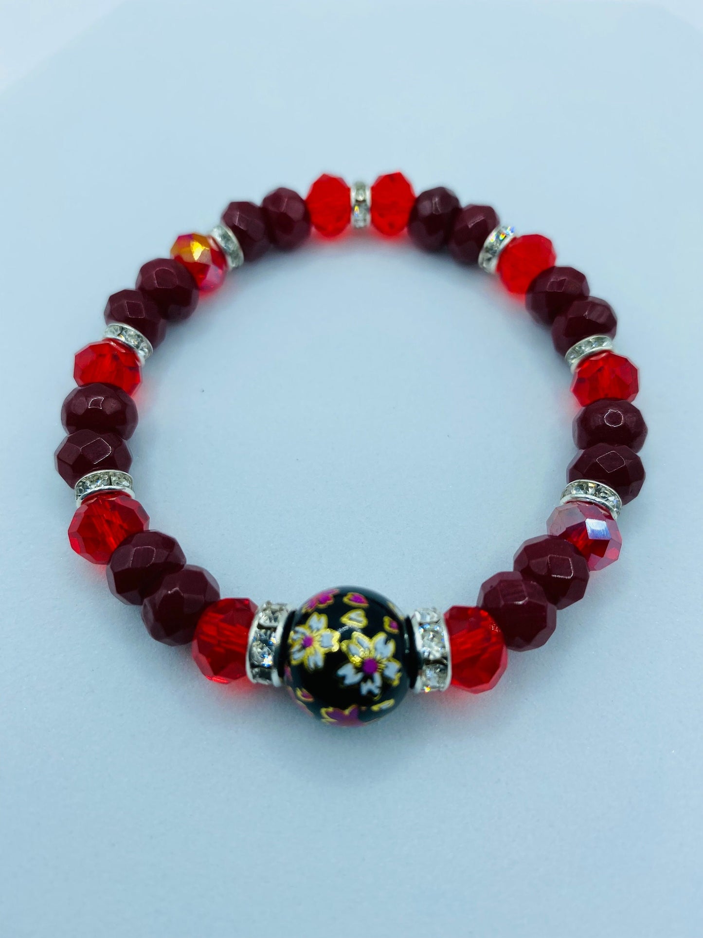 Red Jade & Crystal Beaded Bracelet with Floral Painted Glass Bead