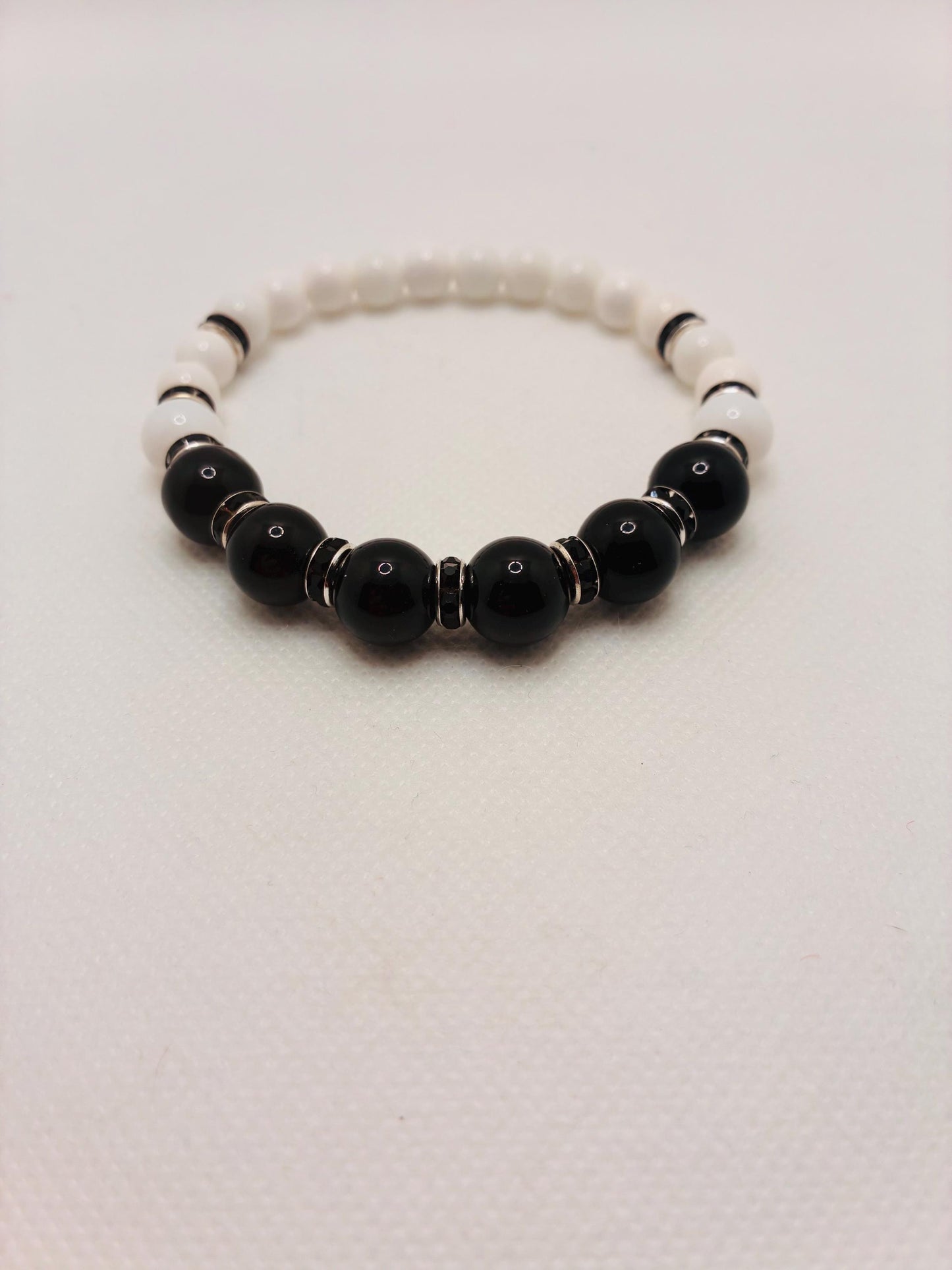 Onyx Gemstone Beaded Bracelet: Black & White Rhinestone Handmade Jewelry