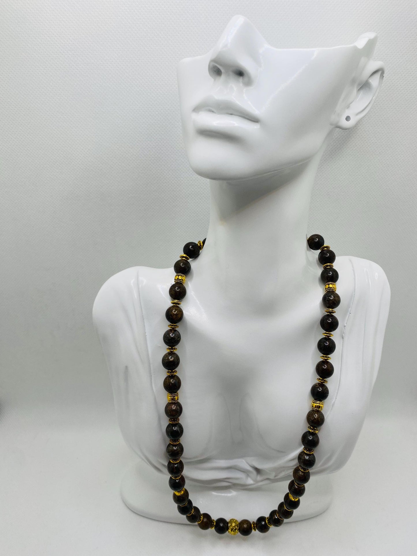 Bronzite Beaded Necklace: Unisex Gemstone Jewelry with Tibetan Spacers
