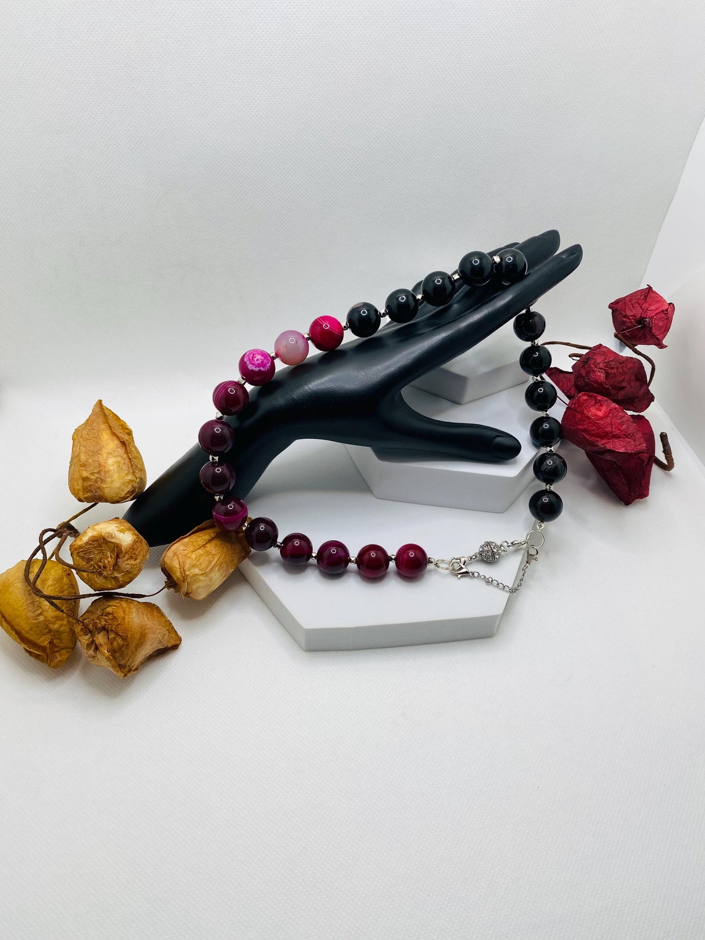 Handmade Black Obsidian & Plum Agate Gemstone Necklace