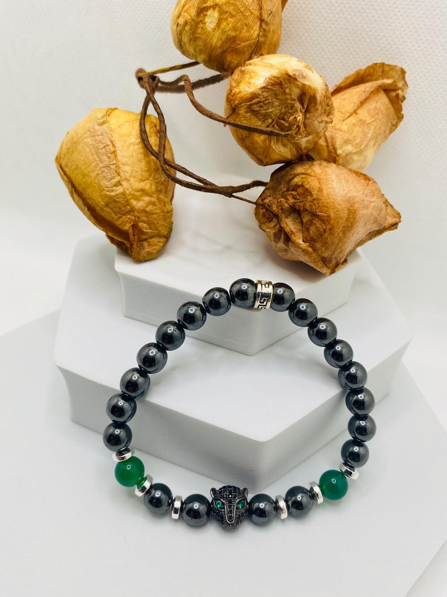 Black Panther Hematite Bracelet: Green Jade Gemstone Beads, Handmade
