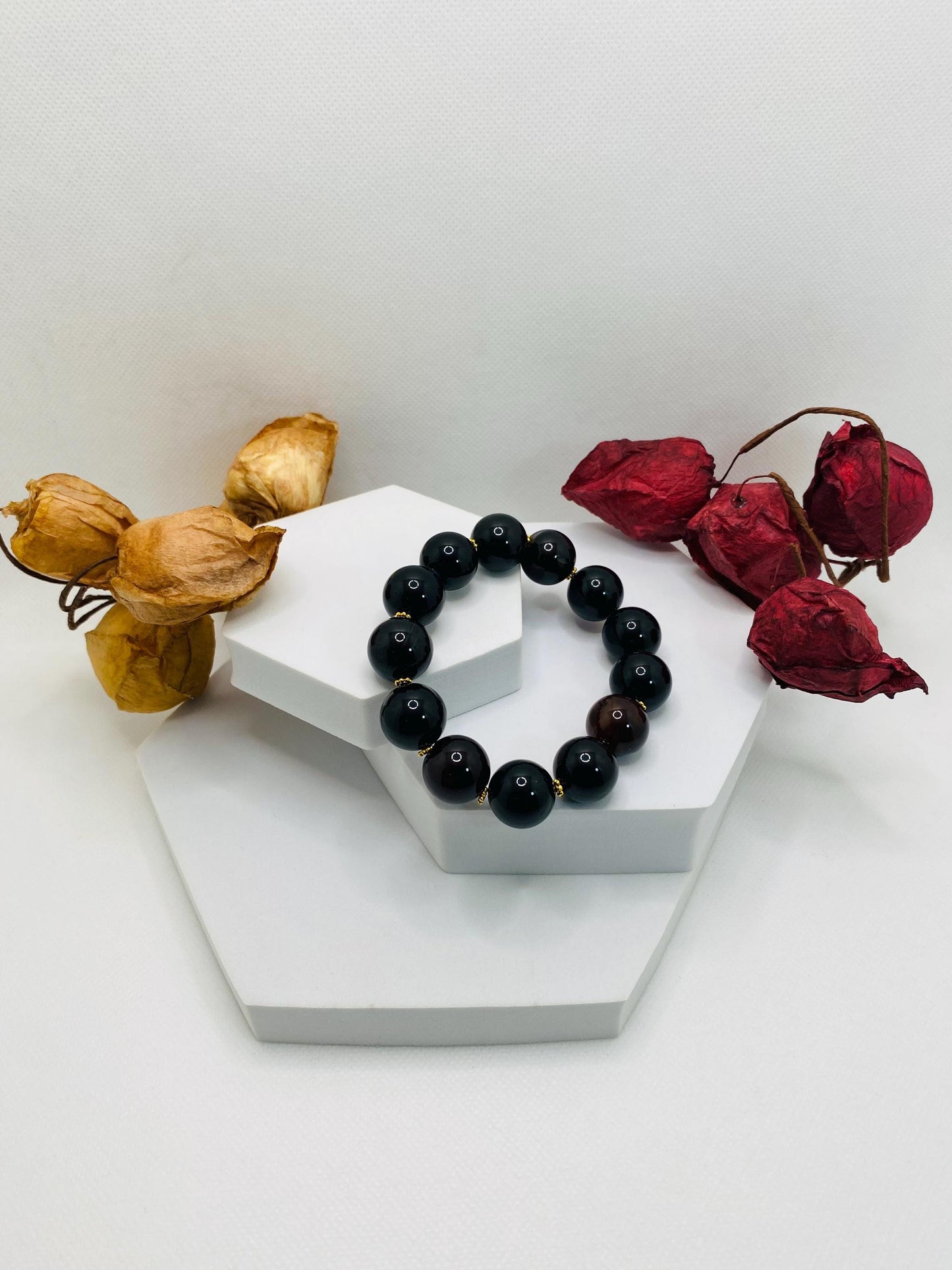 Handmade Obsidian & Agate Gemstone Bracelet with Golden Spacers