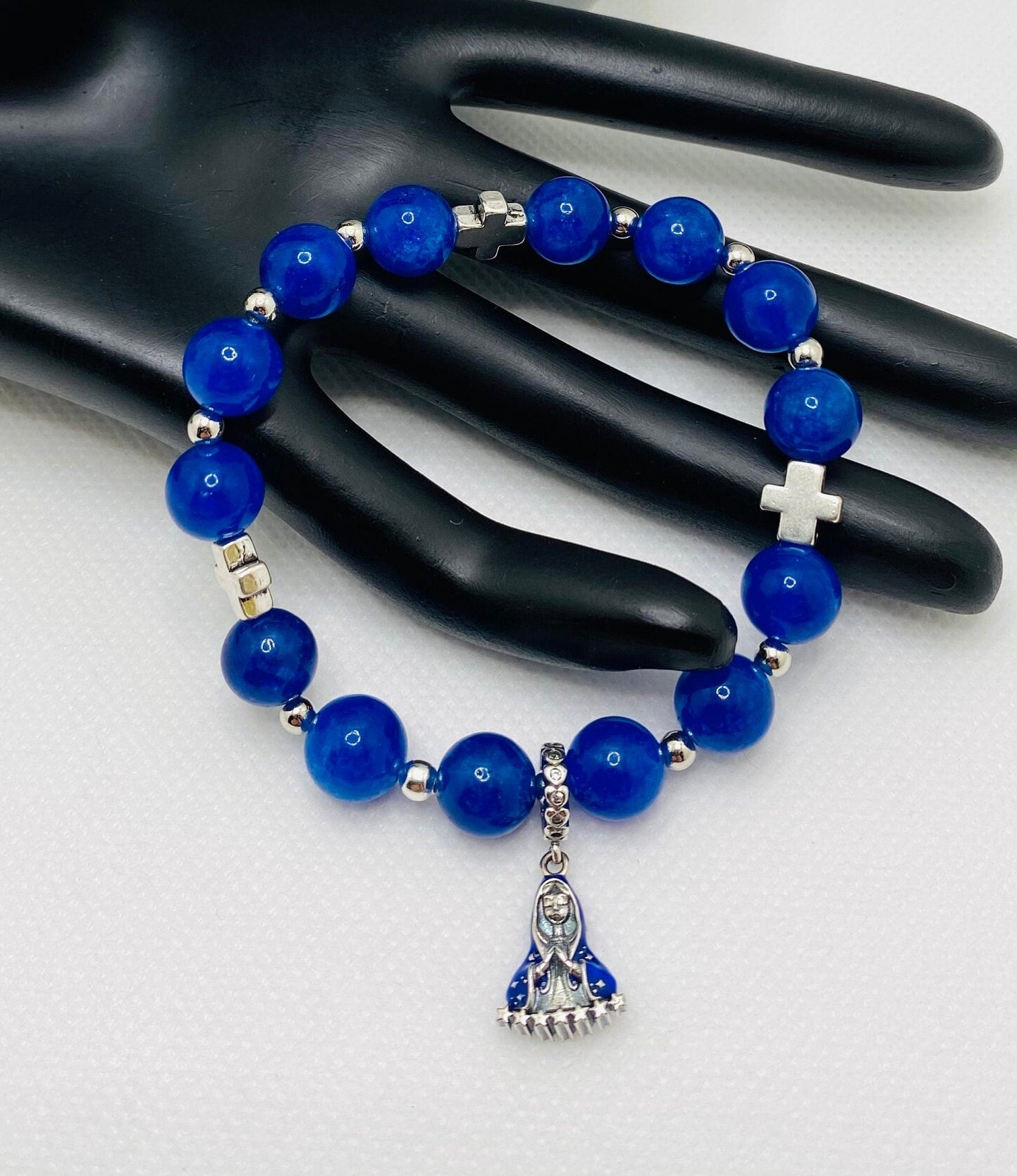 Blue Kyanite Gemstone Bracelet: Virgin Mary Charm, Cross Beads