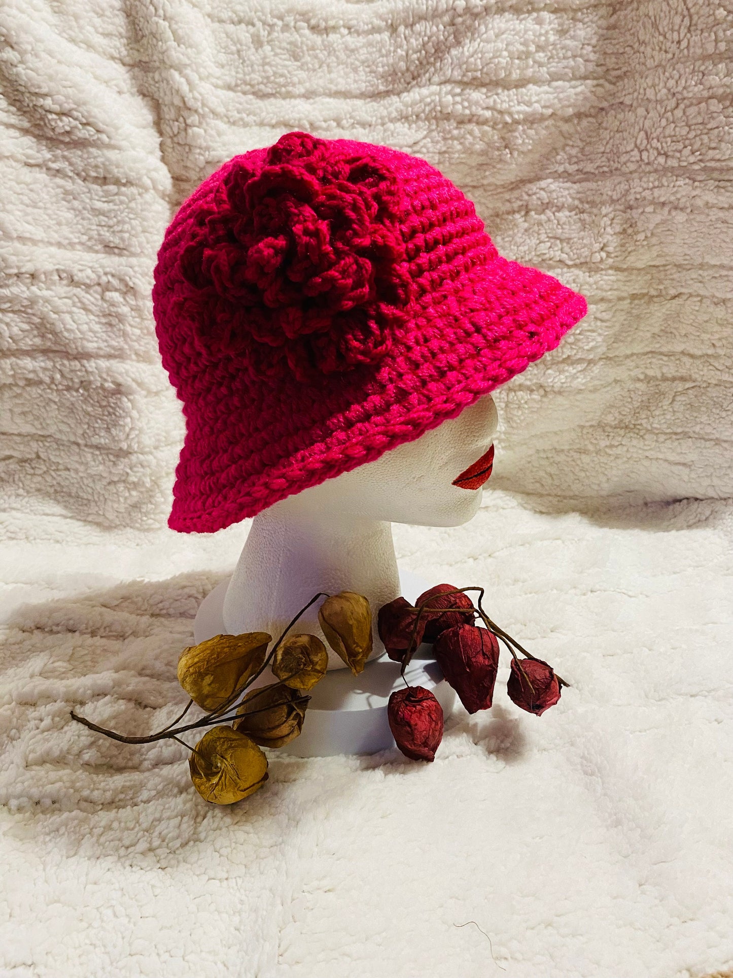 Hot Pink Crochet Bucket Hat with Flower: Handmade Acrylic Sun Hat
