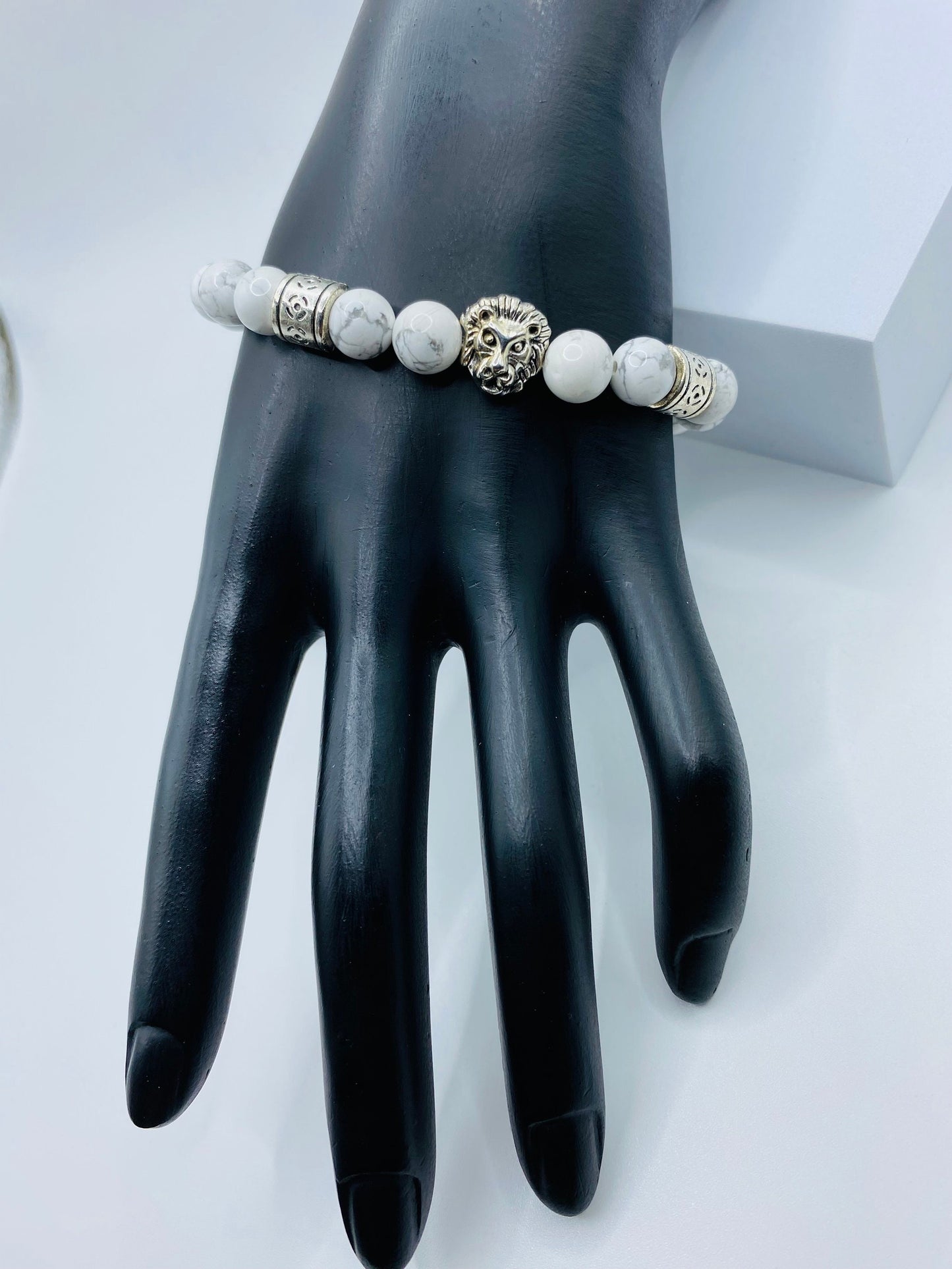 Mens Howlite Bracelet: Lion Charm, Tibetan Silver Spacers