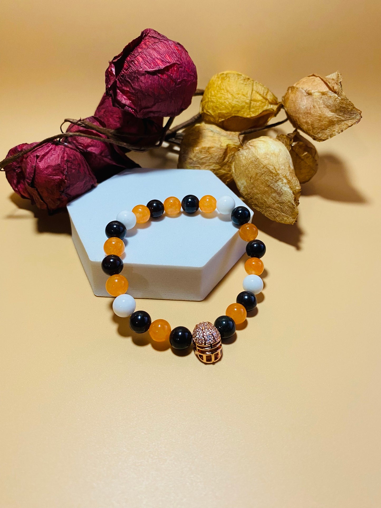 Cleveland Browns Bracelet: Gemstone Beads & Football Helmet Charm
