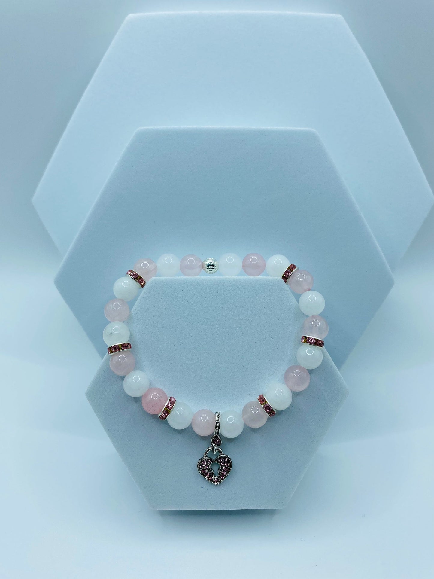 Heart Locket Charm Bracelet: Rose Quartz & White Jade Gemstone Beads