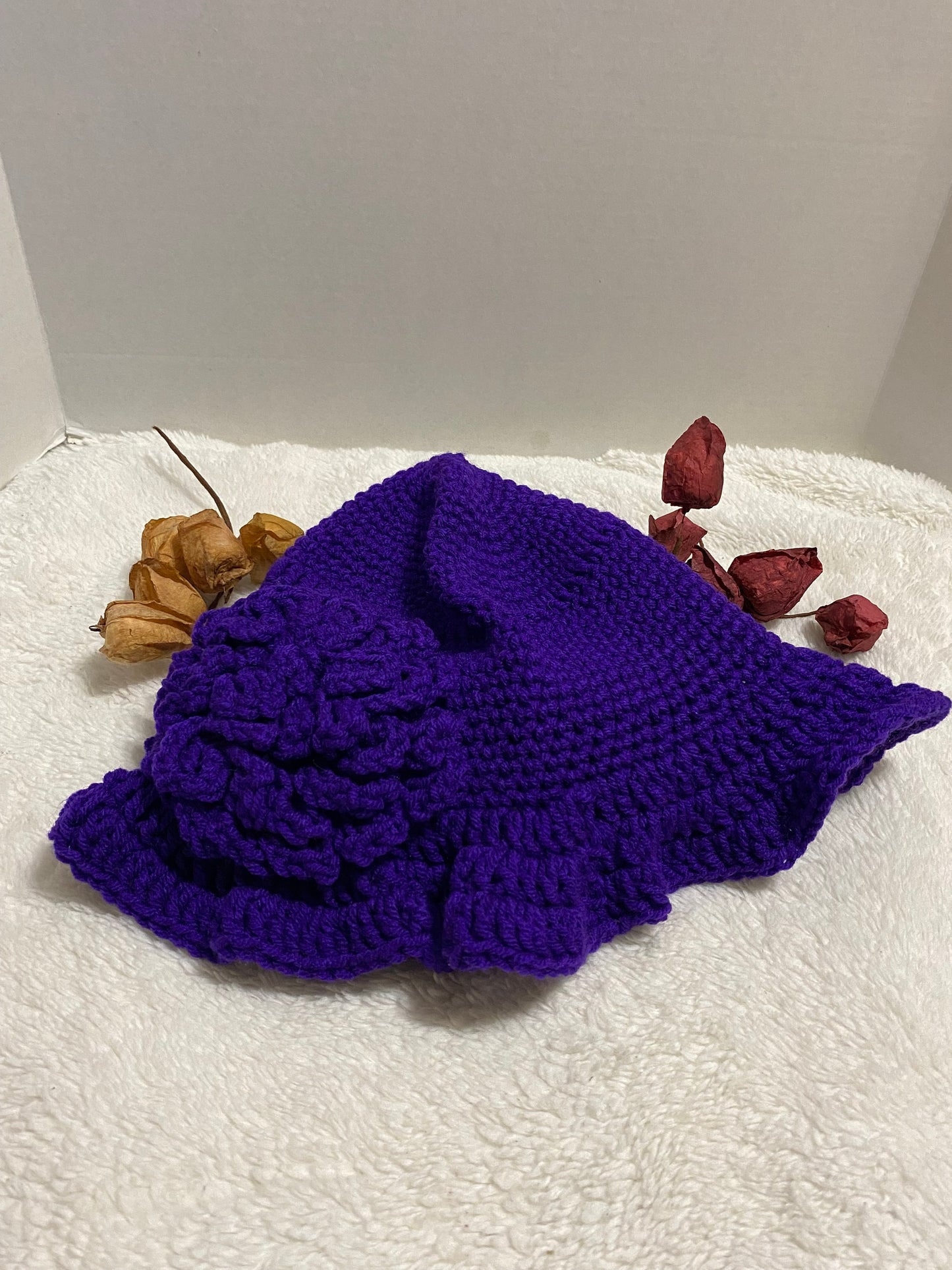 Crochet Bucket Hat with Flower: Violet Acrylic Handmade Women's Hat