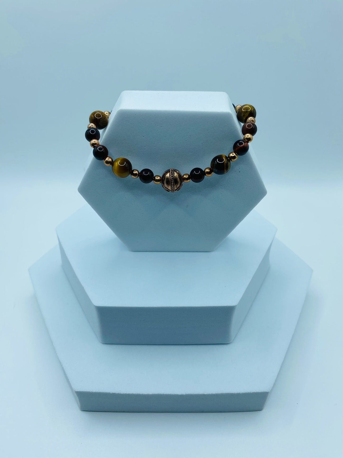 Rose Gold Spartan Helmet Bracelet: Tiger's Eye Gemstone Beaded Bracelet