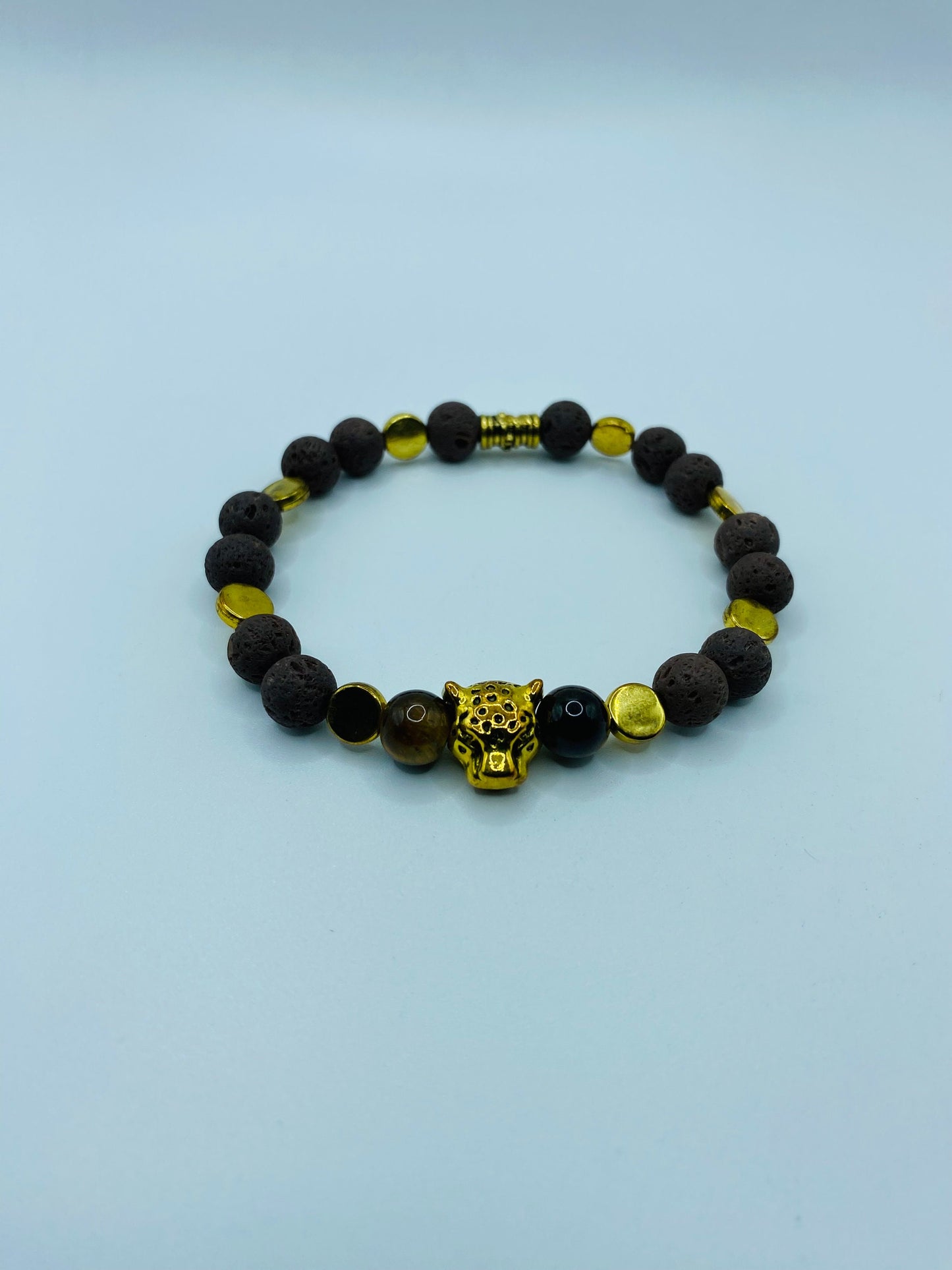 Lava Rock Bracelet: Leopard Charm, Tiger's Eye Beads, Handmade