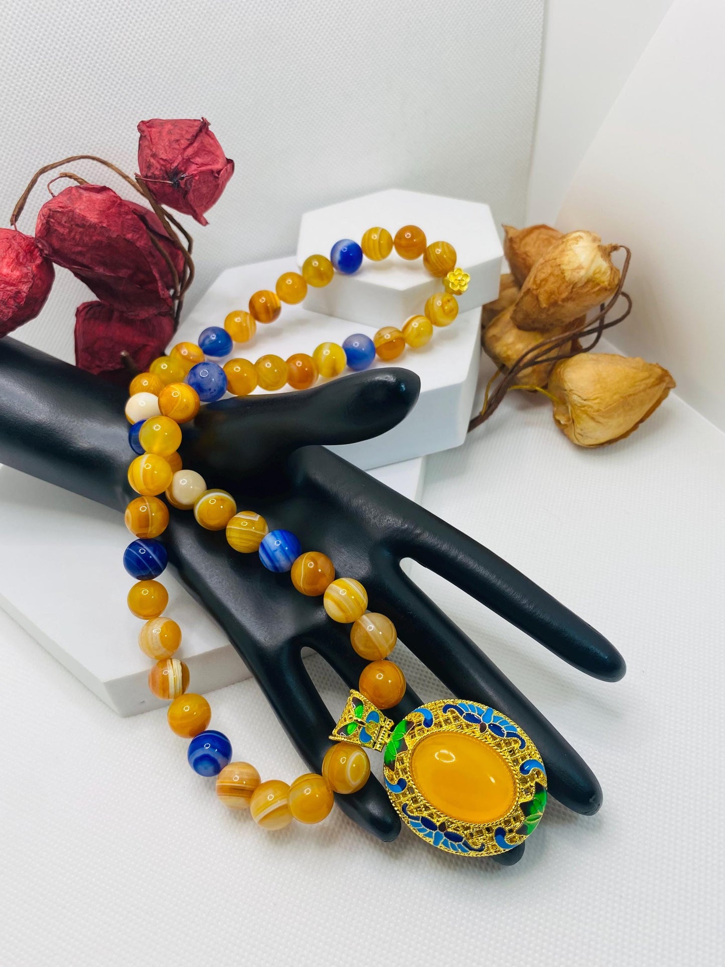 Handmade Chalcedony Pendant Necklace: Striped Agate Gemstone Beads, Boho Jewelry