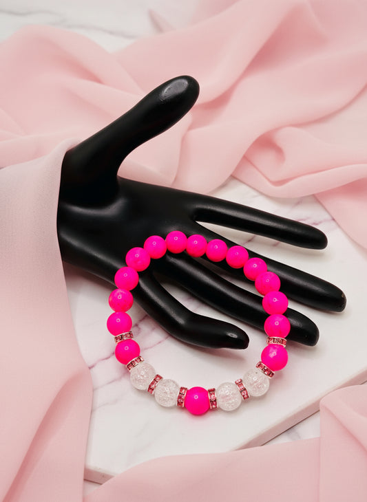 Hot Pink Crystal Glass Bead & Crackle Quartz Bracelet with Silverplated Pink Rhinestone Rondelles